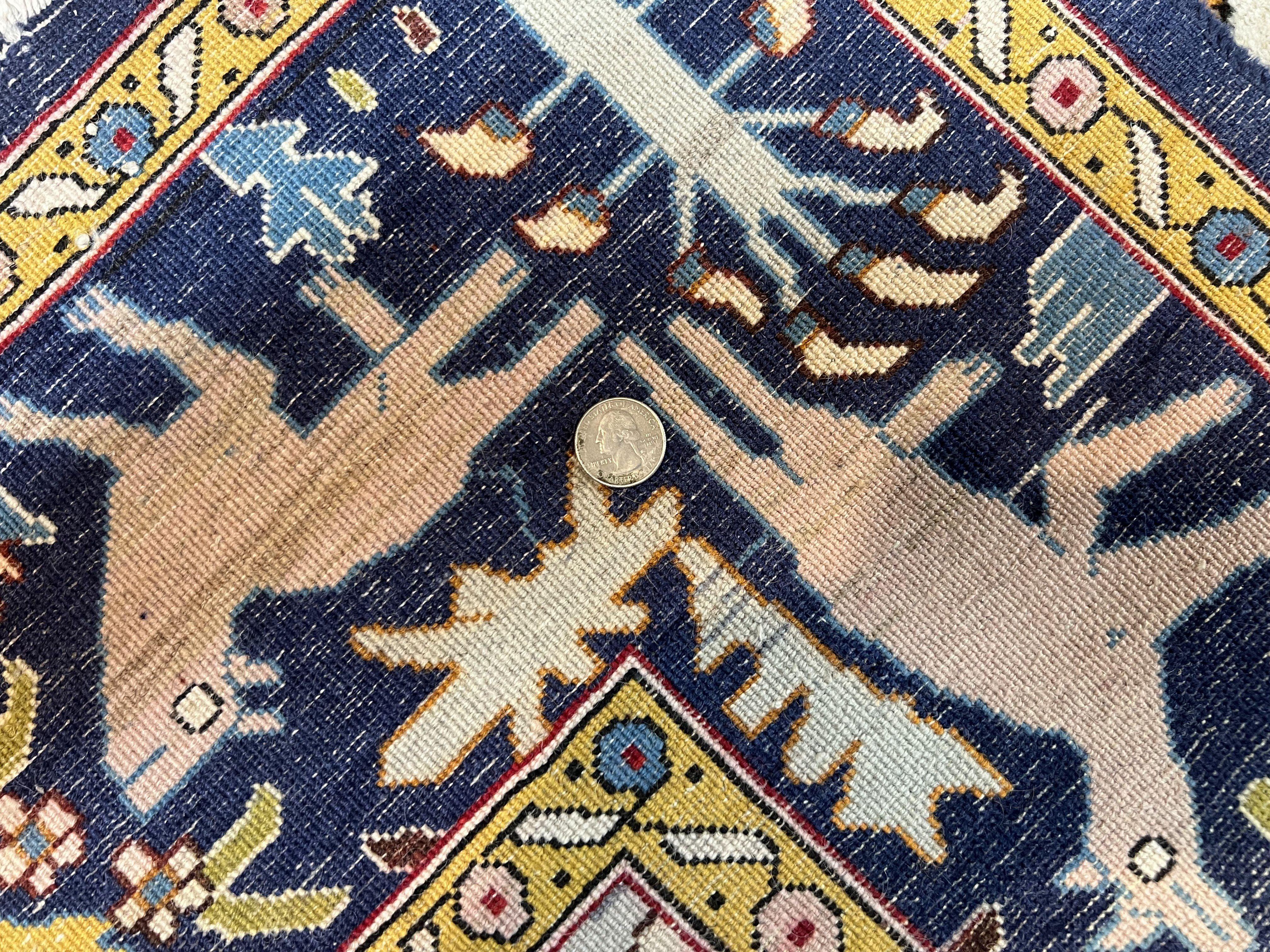 Persian Tree of Life Rug 5x9, Qum Rug, Animal Motifs Deer Birds, Cream and Navy Blue, Semi Antique Vintage Handmade Carpet, Wool & Silk Highlights - Jewel Rugs