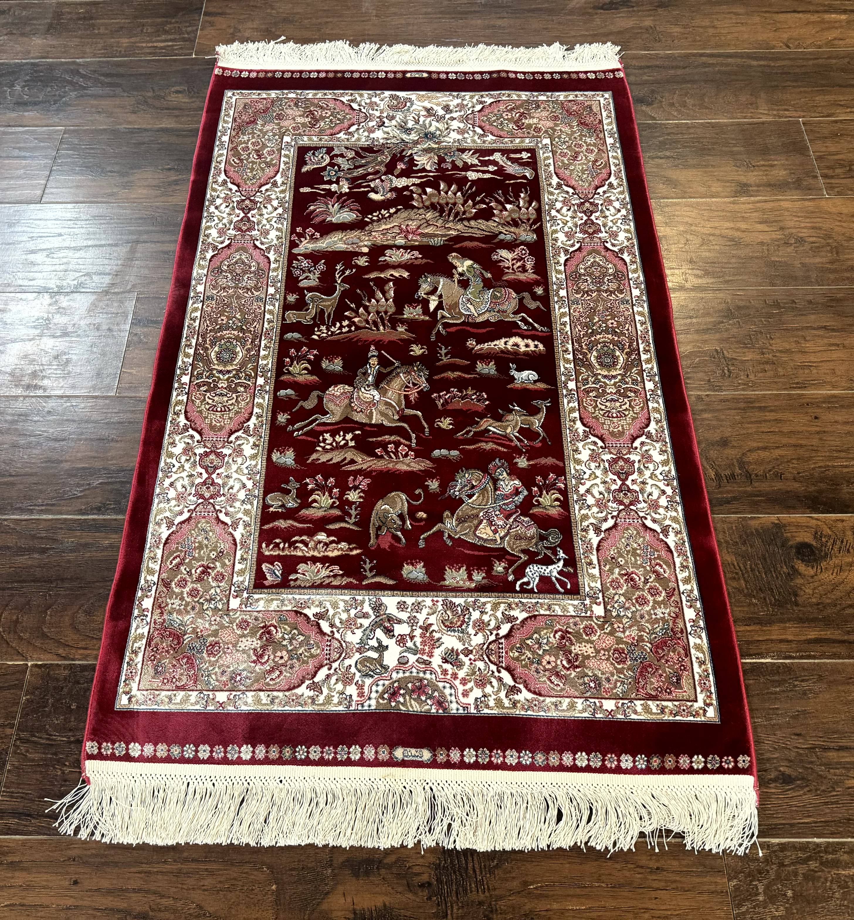 Dark Red Turkish Silk Rug 2.6 x 4, Hunting Design Scene, Bamboo Silk - Jewel Rugs