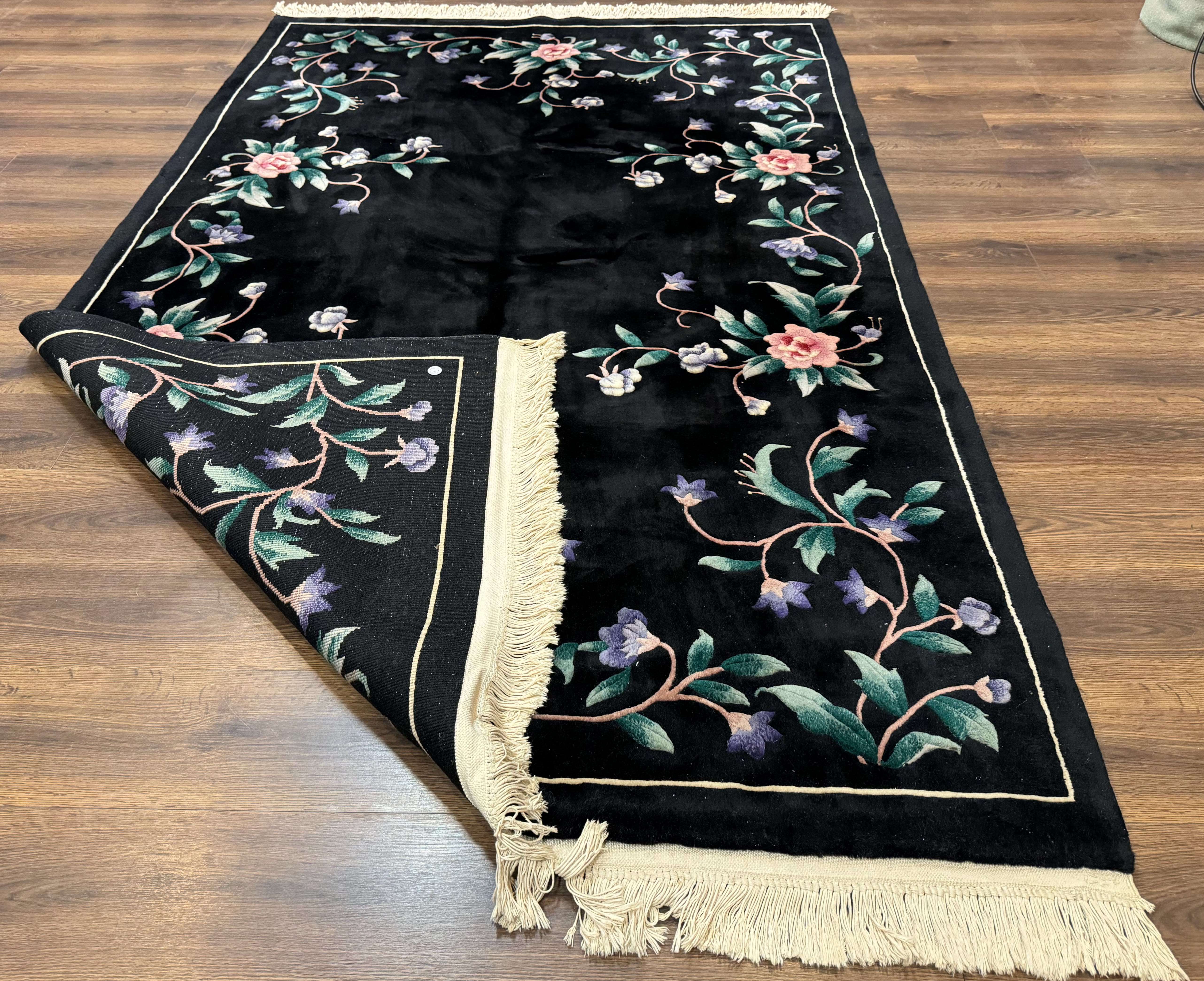 Chinese Wool Rug 6x9, Black, Floral, Minimal Design, 90 Line Carpet, Vintage Art Deco Rug - Jewel Rugs