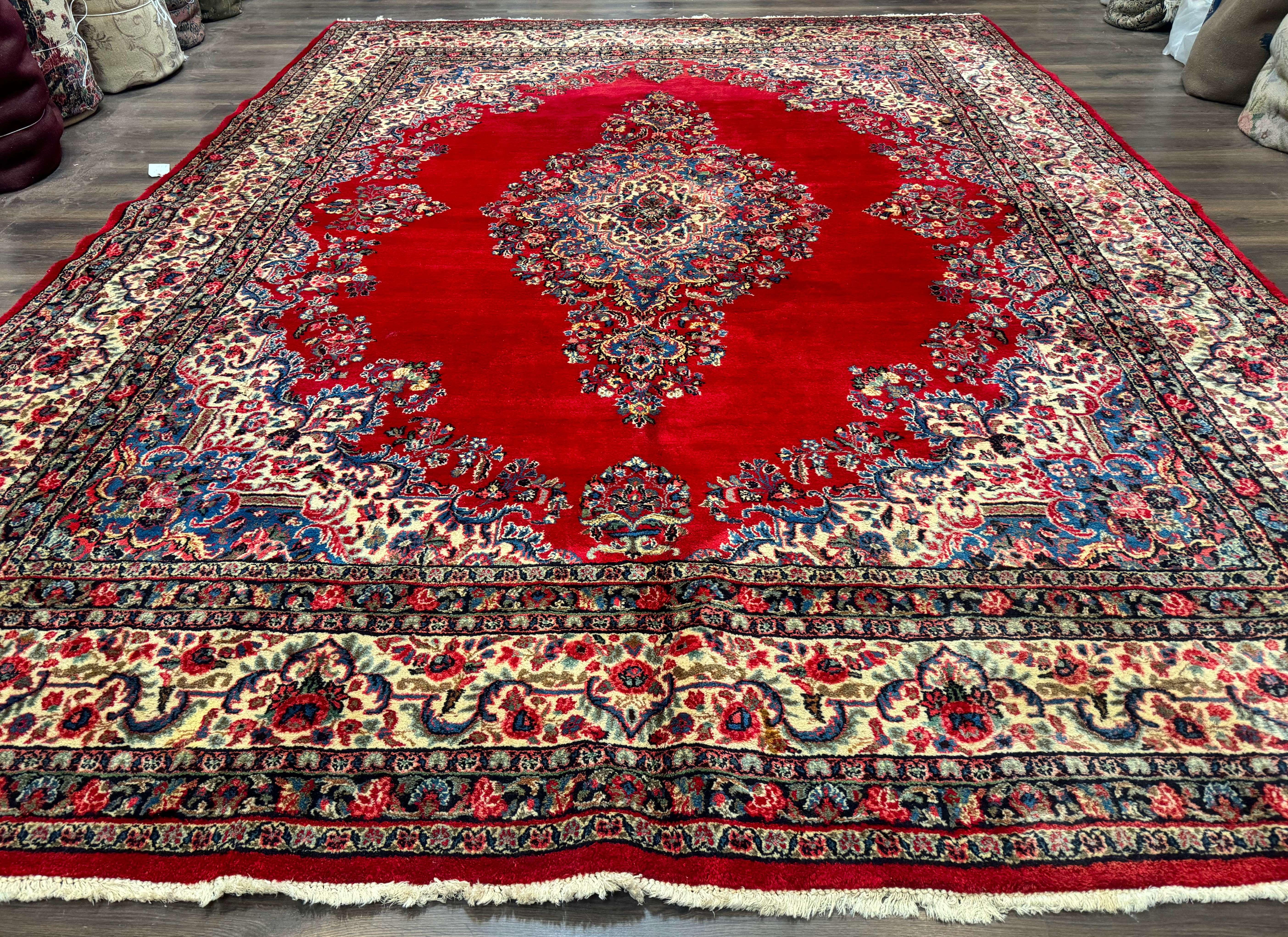 Persian Sarouk Rug 10x13, Semi Open Field, Red Ivory Blue, Large Antique Persian Carpet, Traditional Wool Rug - Jewel Rugs