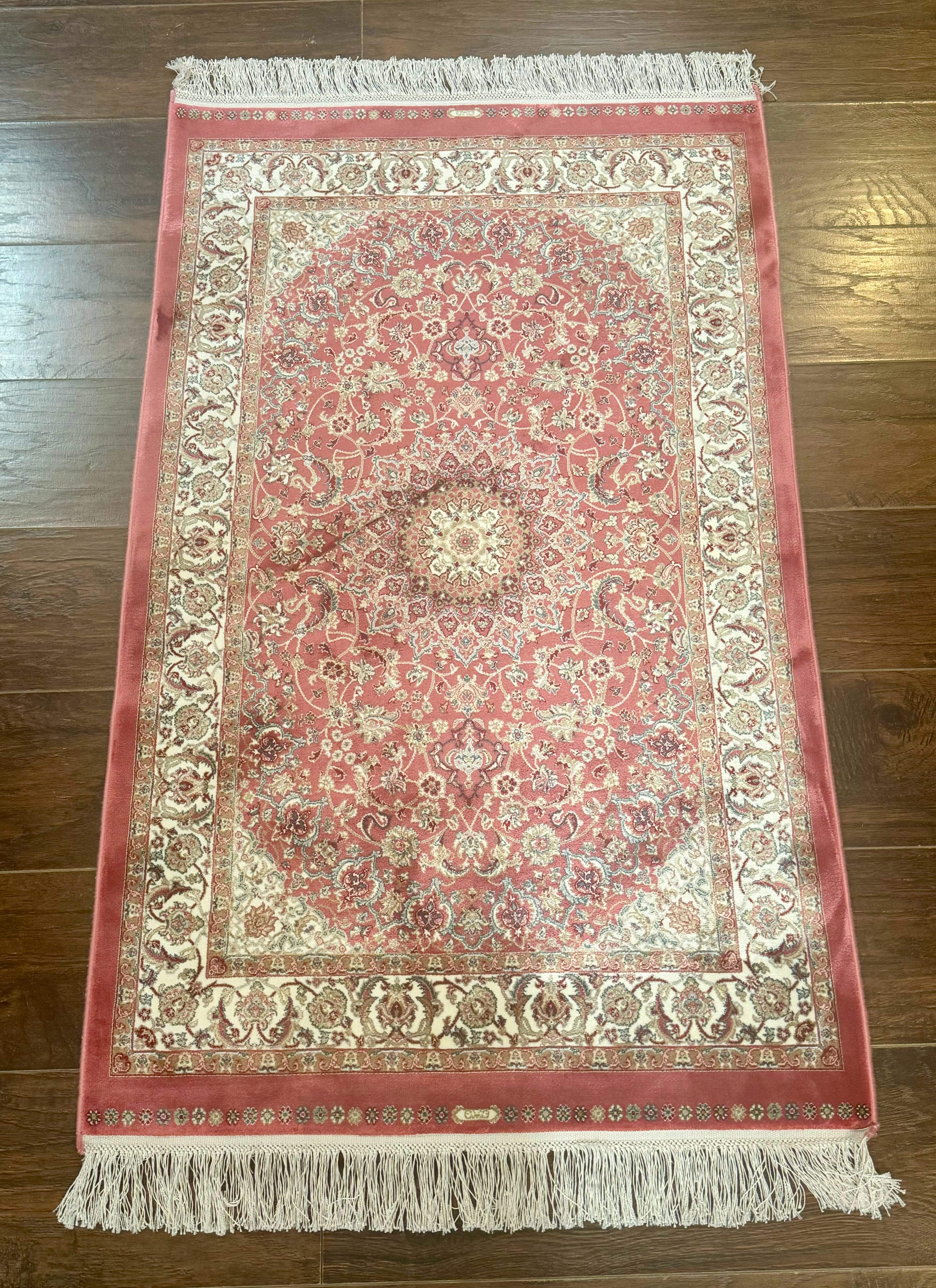 Turkish Silk Rug 2.6 x 4, Medallion, Pink and Ivory, Fine, Bamboo Silk - Jewel Rugs