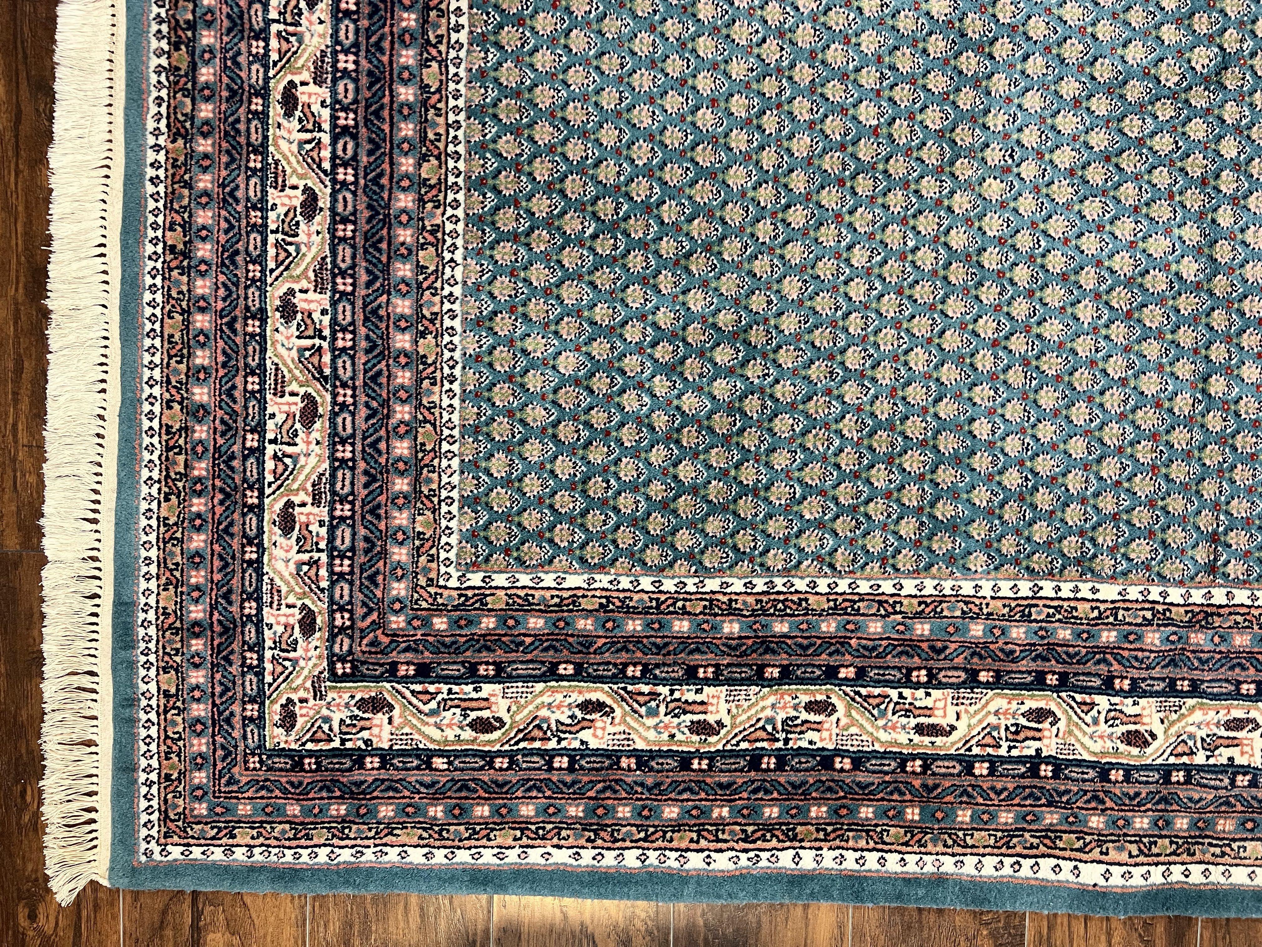 Indo Persian Sarouk Mir Rug 9x12, Green and Cream/Beige, Repeated Boteh Paisley Design, Soft Wool Handmade Hand Knotted Indian Oriental Rug - Jewel Rugs