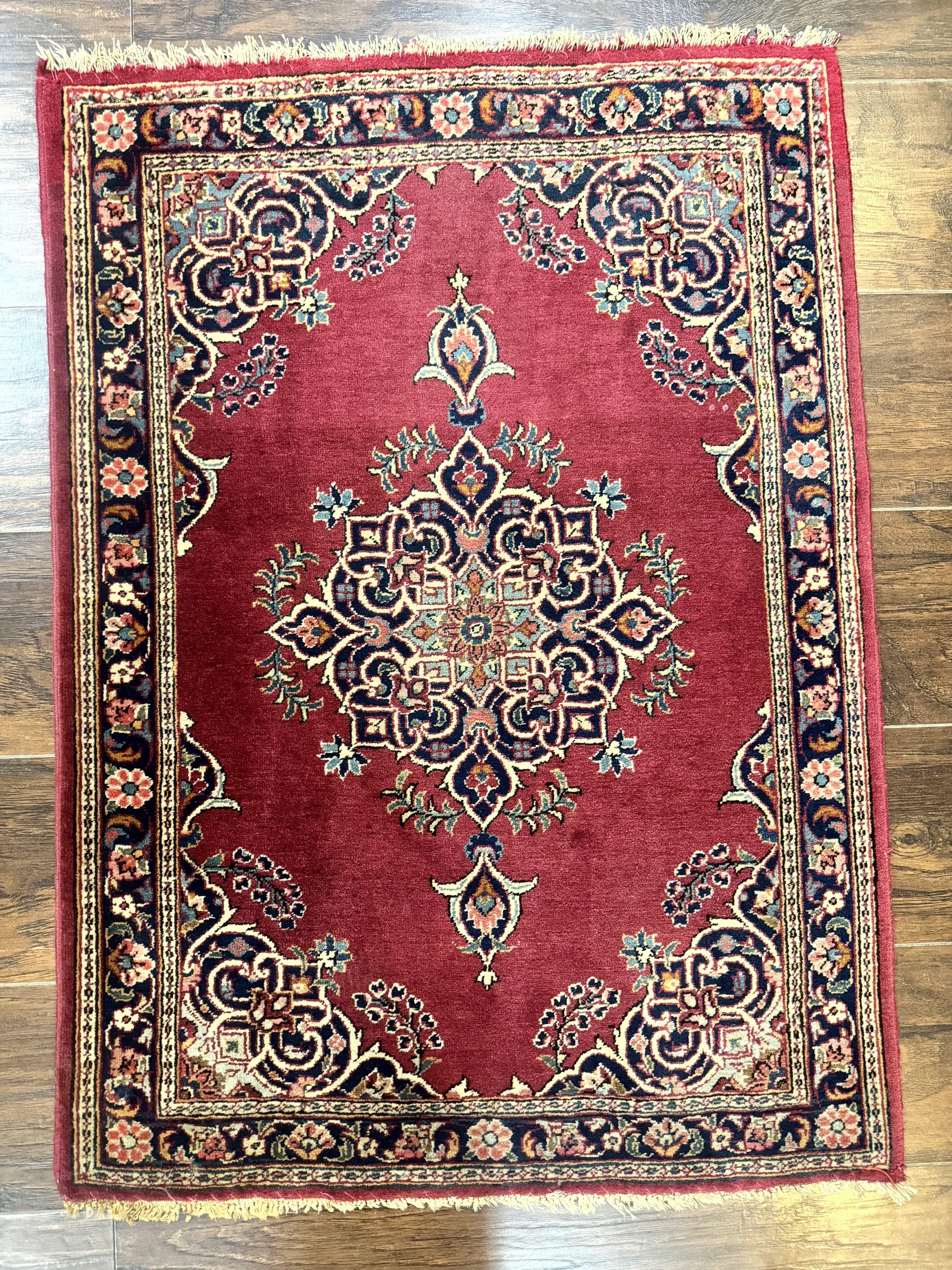 Small Persian Kashan Rug 2x3, Red and Navy Blue, Handmade Vintage Wool Semi Antique Persian Carpet, Semi Open Field, Pair B - Jewel Rugs