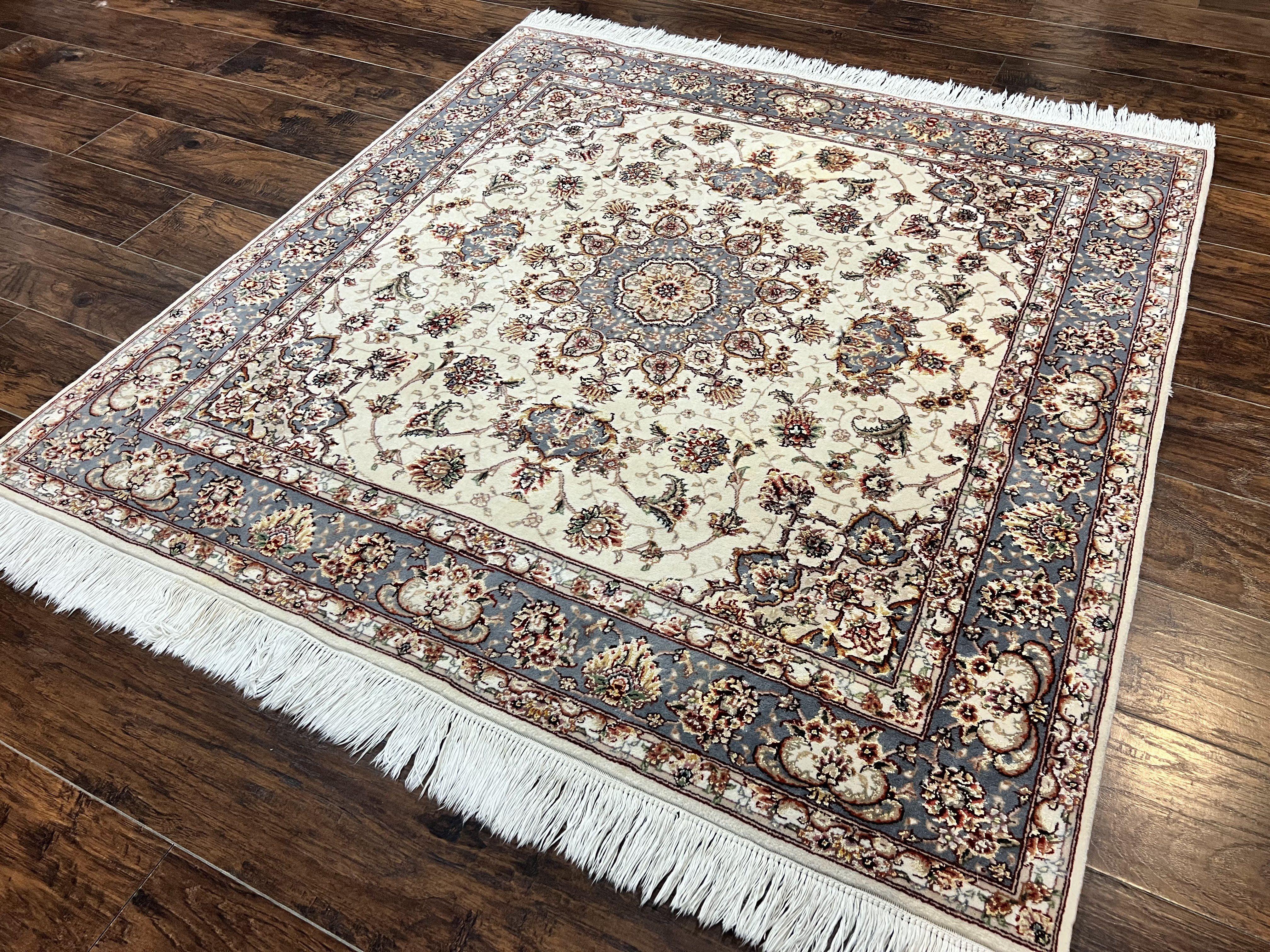 Sino Persian Square Rug 5x5, Very Fine Oriental Carpet, Wool & Silk Highlights, Ivory, Hand Knotted Handmade Vintage Traditional Rug - Jewel Rugs