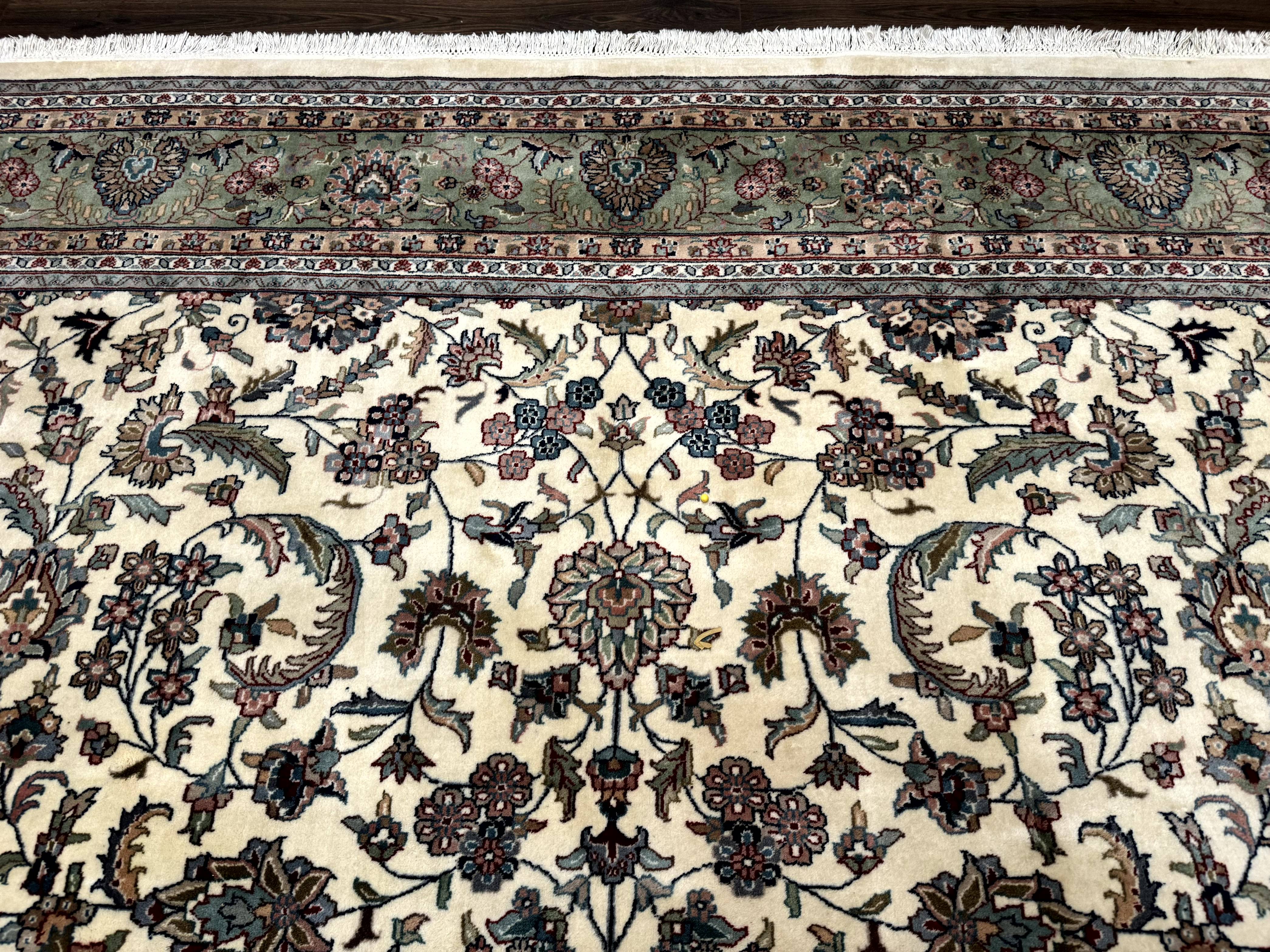 Indo Persian Rug 9x12, Allover Floral Pattern, Ivory & Green, Traditional Oriental Carpet - Jewel Rugs