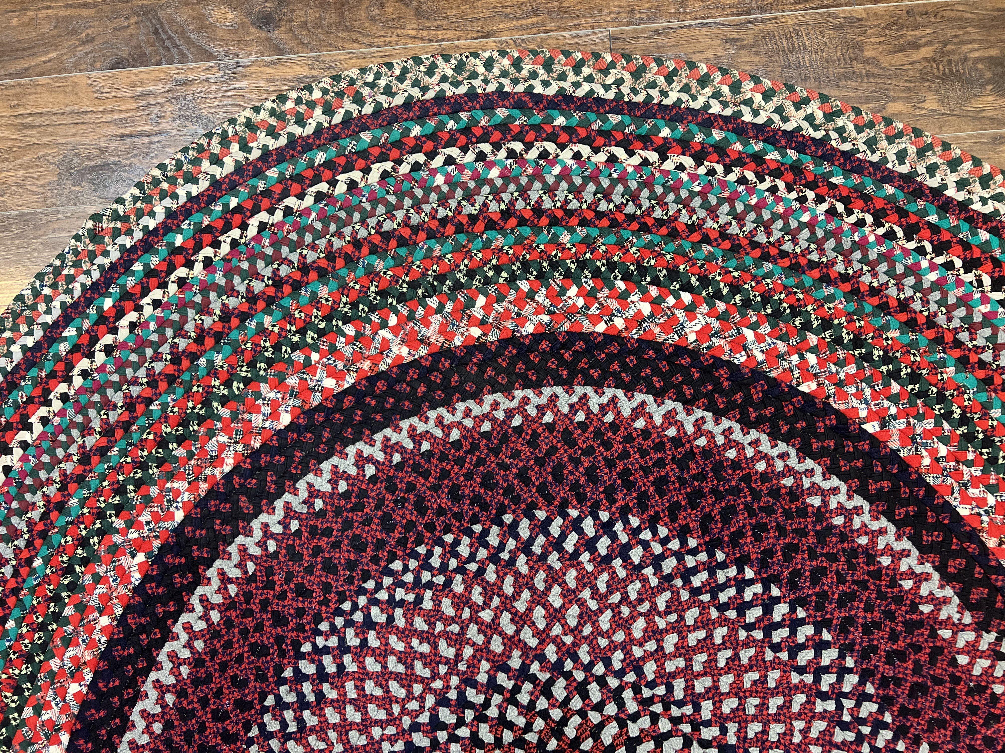 Large American Braided Rug 8x10, Multicolor Reds, Hand Braided Oval Carpet, Vintage - Jewel Rugs