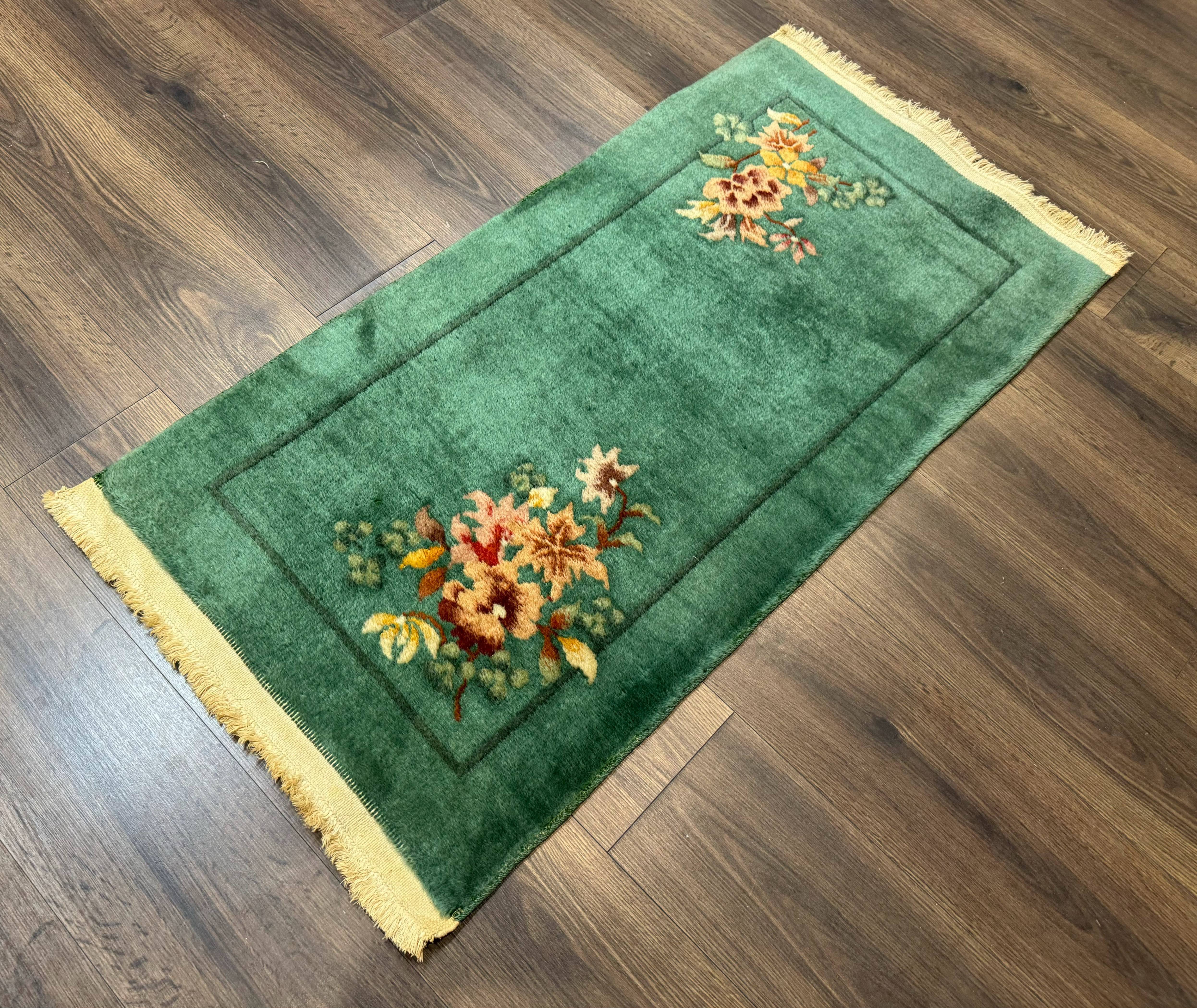 Small Antique Chinese Art Deco Rug 2x4, Green, Nichols Carpet, Wool - Jewel Rugs