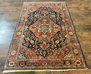 Persian Sarouk Rug 3.6 x 5, Medallion Rug, Red and Midnight Blue, Handmade Semi Antique Vintage Wool Carpet