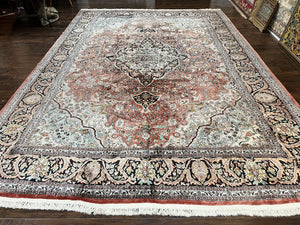 Silk Indian Kashmir Rug 10x14, Room Sized Silk Oriental Carpet, Indo Persian Kashmiri Rug, Traditional Floral Medallion Handmade Rug
