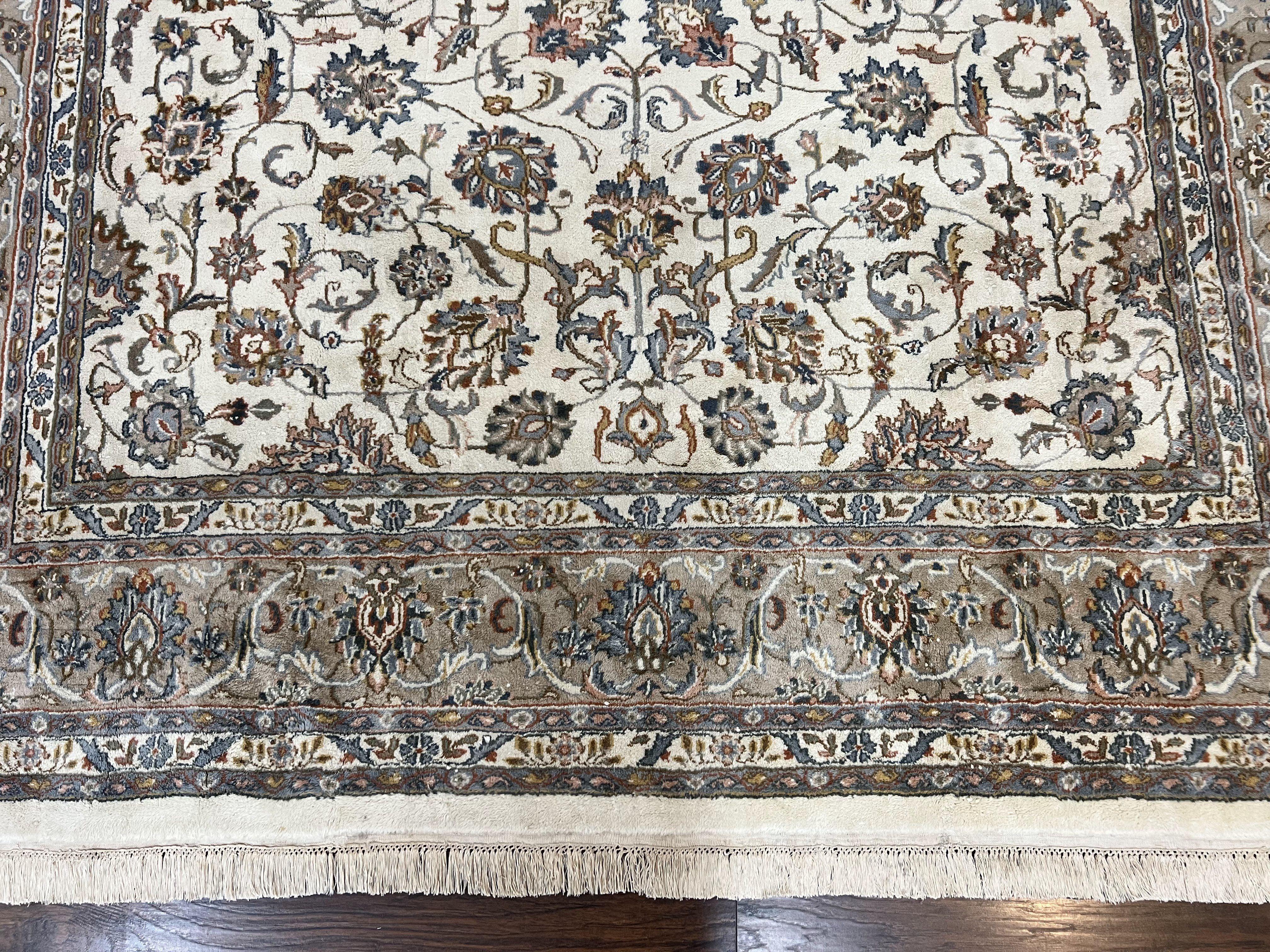 Indo Persian Rug 8x10, Floral Allover, Ivory and Gray, Handmade Vintage Wool Carpet - Jewel Rugs