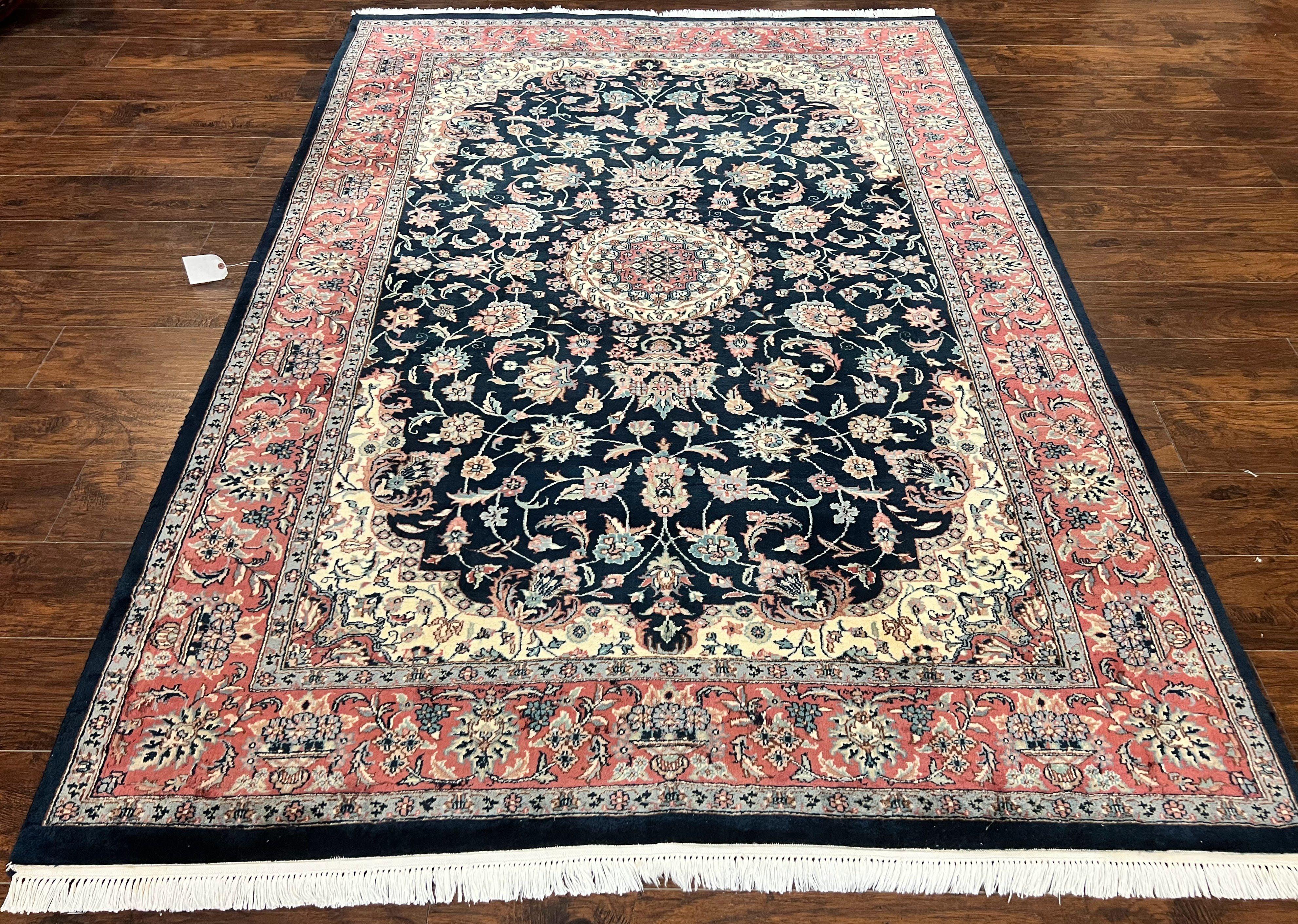 Pak Persian Rug, Floral Medallion, Dark Blue & Rose, Traditional Oriental Carpet, Handmade Wool Vintage Medium Size Rug - Jewel Rugs