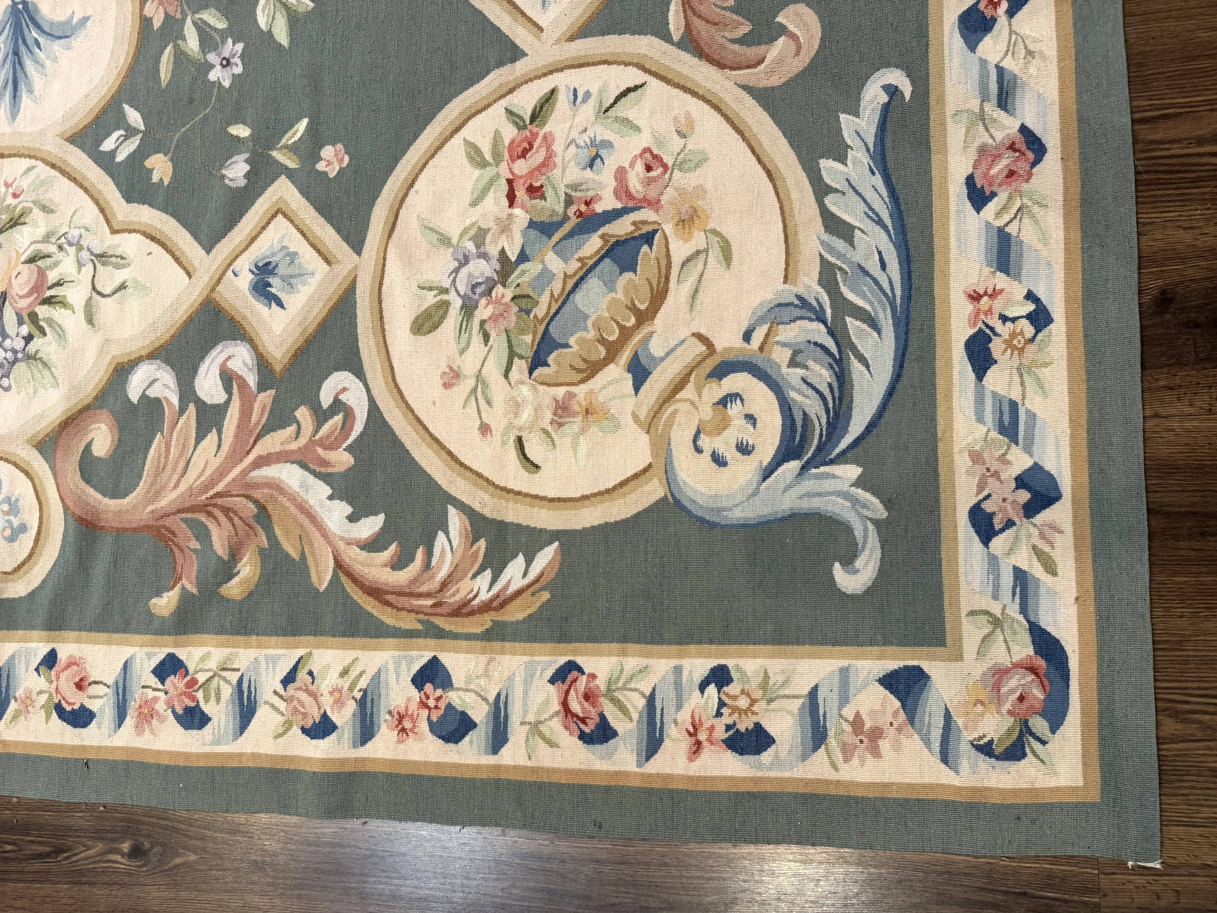 Aubusson Rug 9x12, Muted Sage Green and Cream, European Design - Jewel Rugs