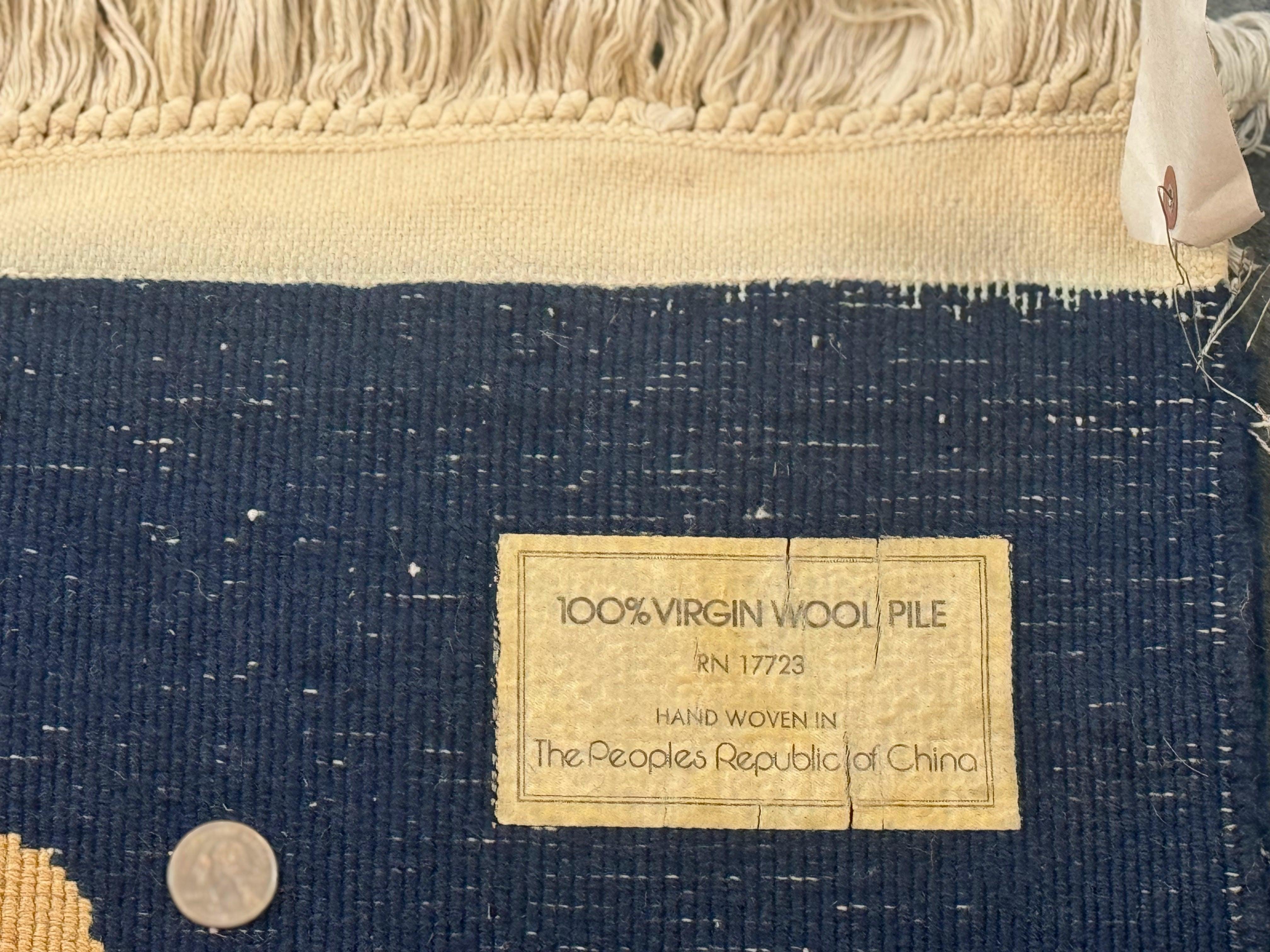 Blue Chinese Wool Rug 8 x 11.5, Open Field, Simple Design, Flowers, 90 Line Rug, Vintage Art Deco Carpet, Asian Oriental Rug - Jewel Rugs