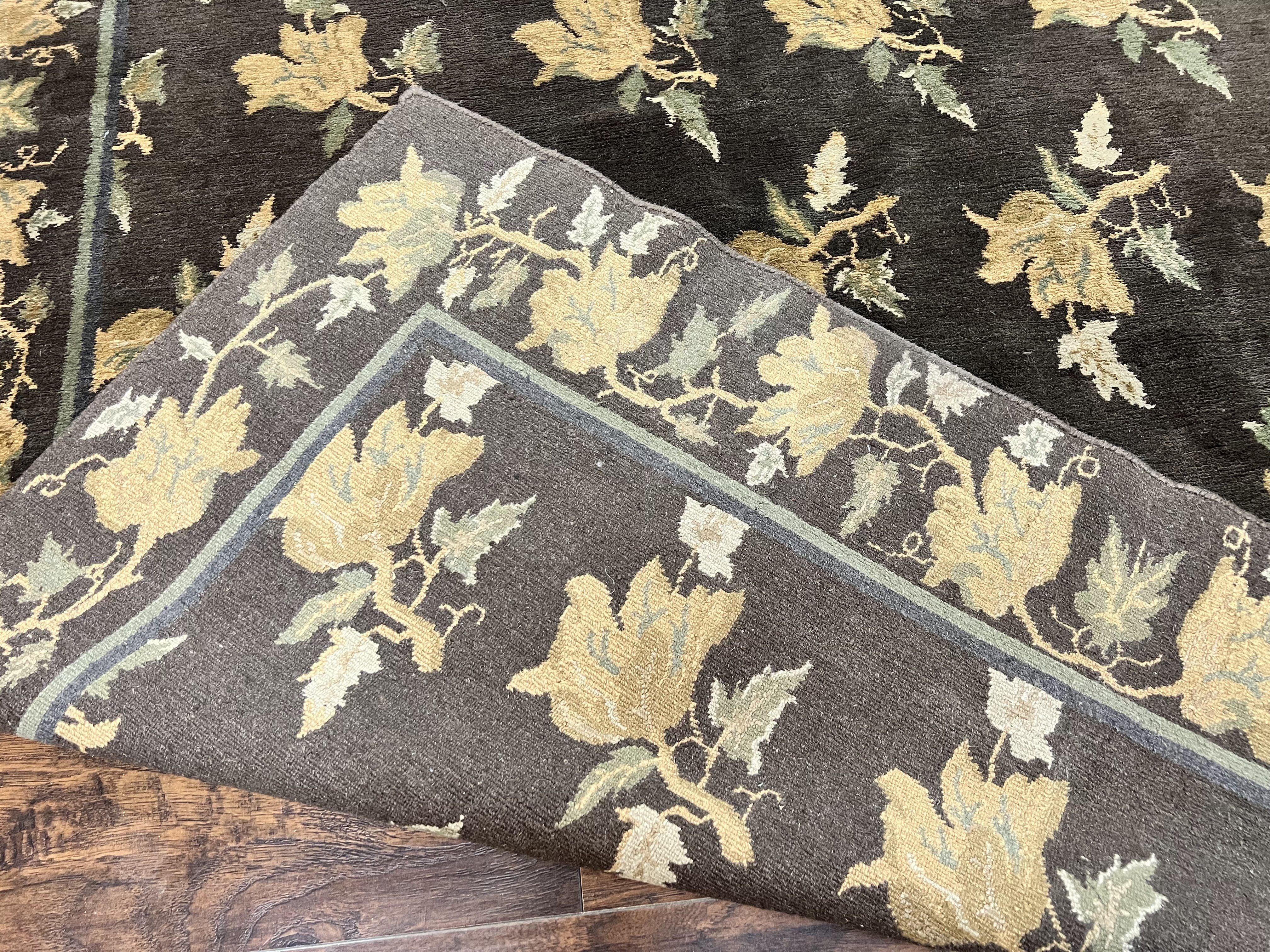 Tibetan Nepal Rug 6x9, Wool Hand Knotted Vintage Carpet 6 x 9, Dark Green & Golden Yellow, Floral Bouquets - Jewel Rugs