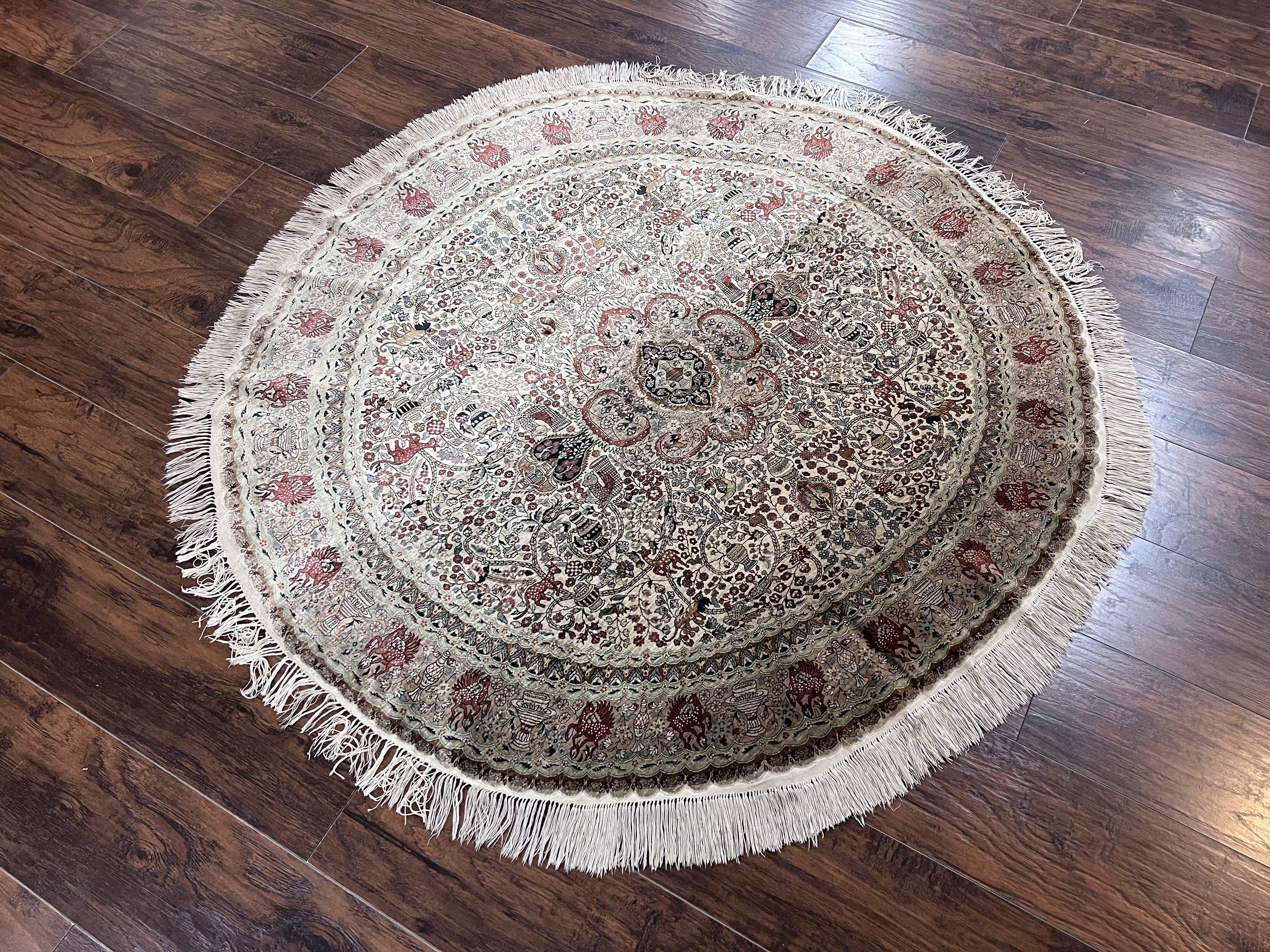 Silk Round Sino Persian Rug 5x5, Super Fine 650 KPSI, All Silk Vintage Handmade Round Carpet, Animal Pictorials, Floral Medallion Cream, Wow - Jewel Rugs