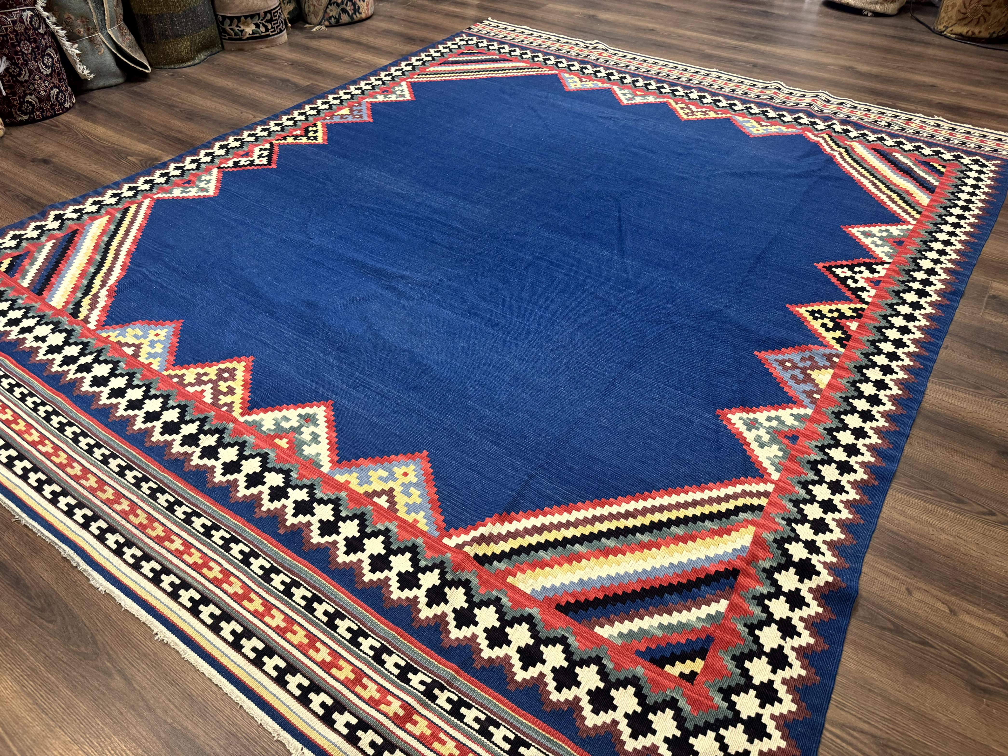Persian Shiraz Tribal Kilim Rug 8x10, Large Blue Open Field, Bohemian, Colorful - Jewel Rugs