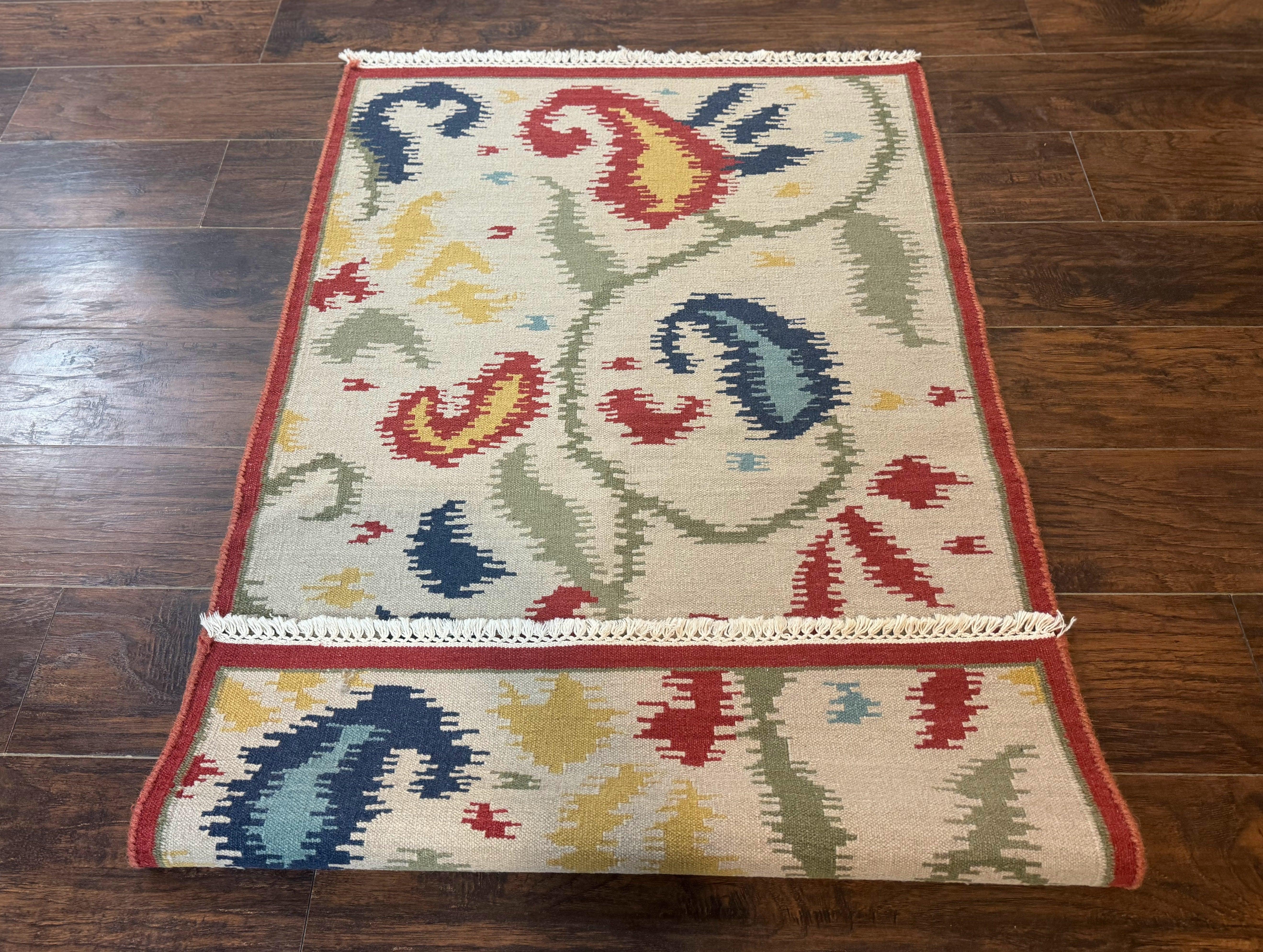 Indian Kilim Flatweave Rug 3x5, Abstract, Beige and Multicolor Flowers, Handmade - Jewel Rugs