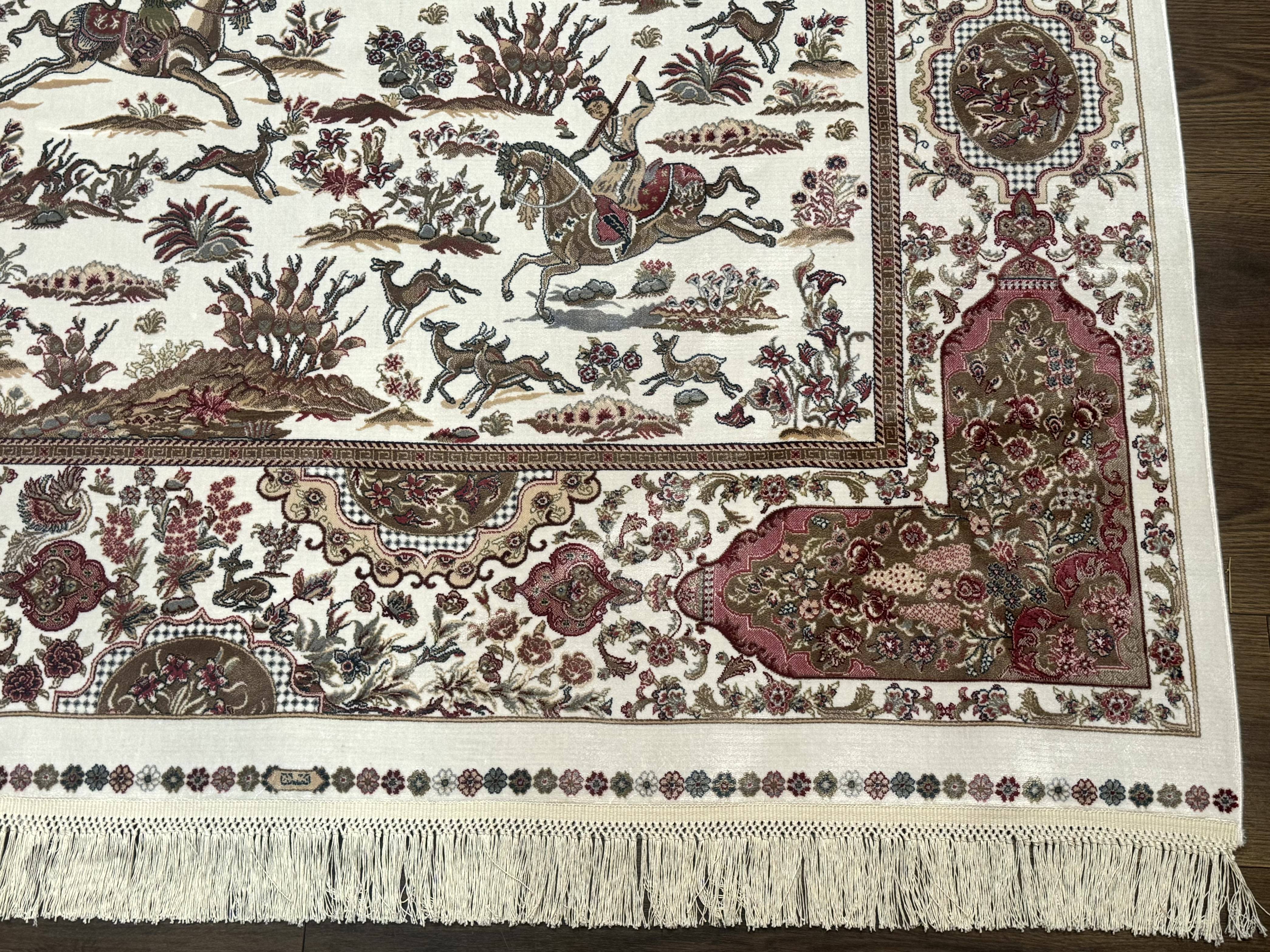 Turkish Silk Rug 5x8, Ivory, Hunting Design, Animal Pictorials, Bamboo Silk - Jewel Rugs
