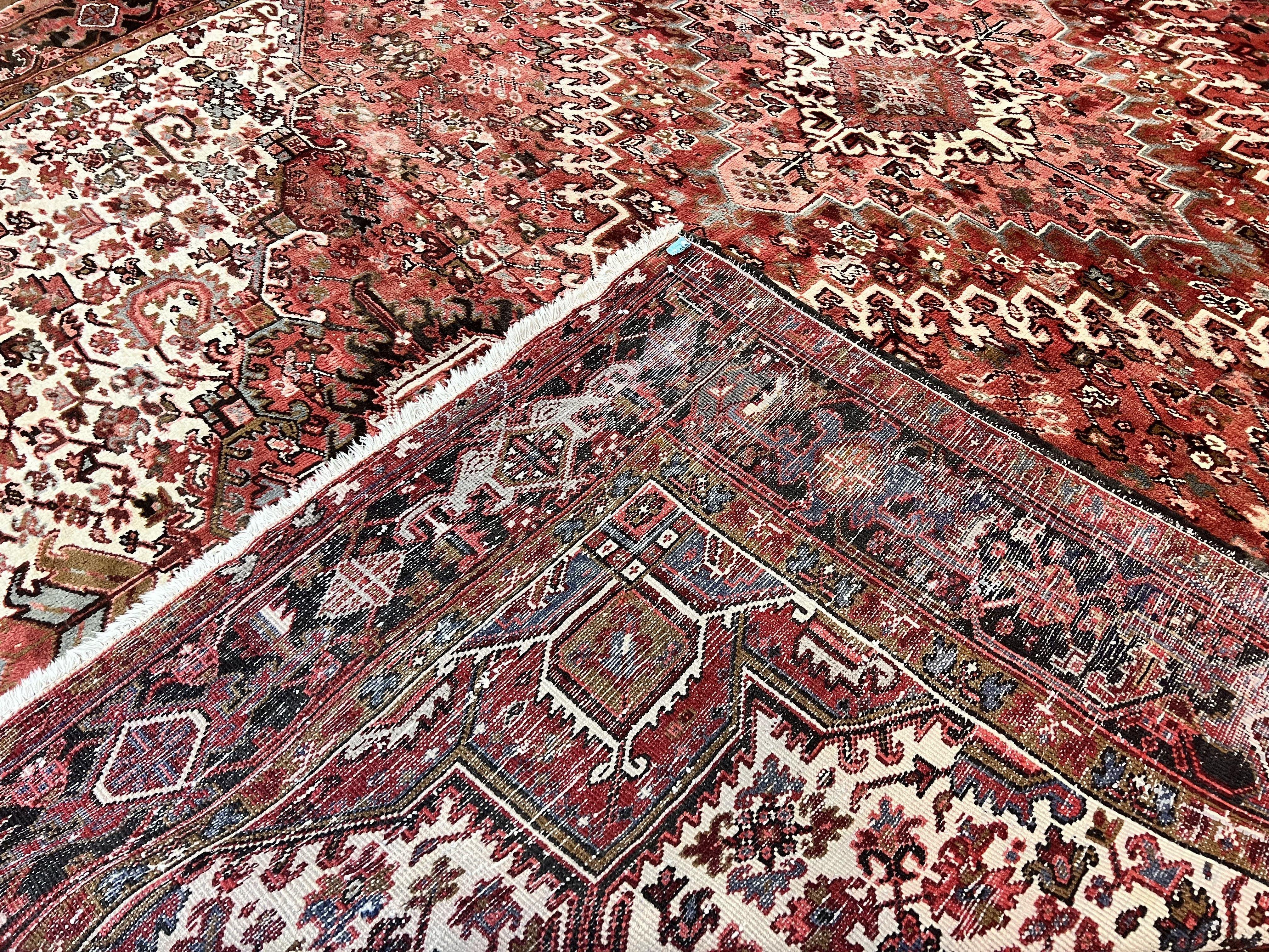 Large Persian Heriz Rug 10x13, Red and Cream Geometric Tribal Room Sized Handmade Wool Hand Knotted Semi Antique Decorative Oriental Carpet - Jewel Rugs