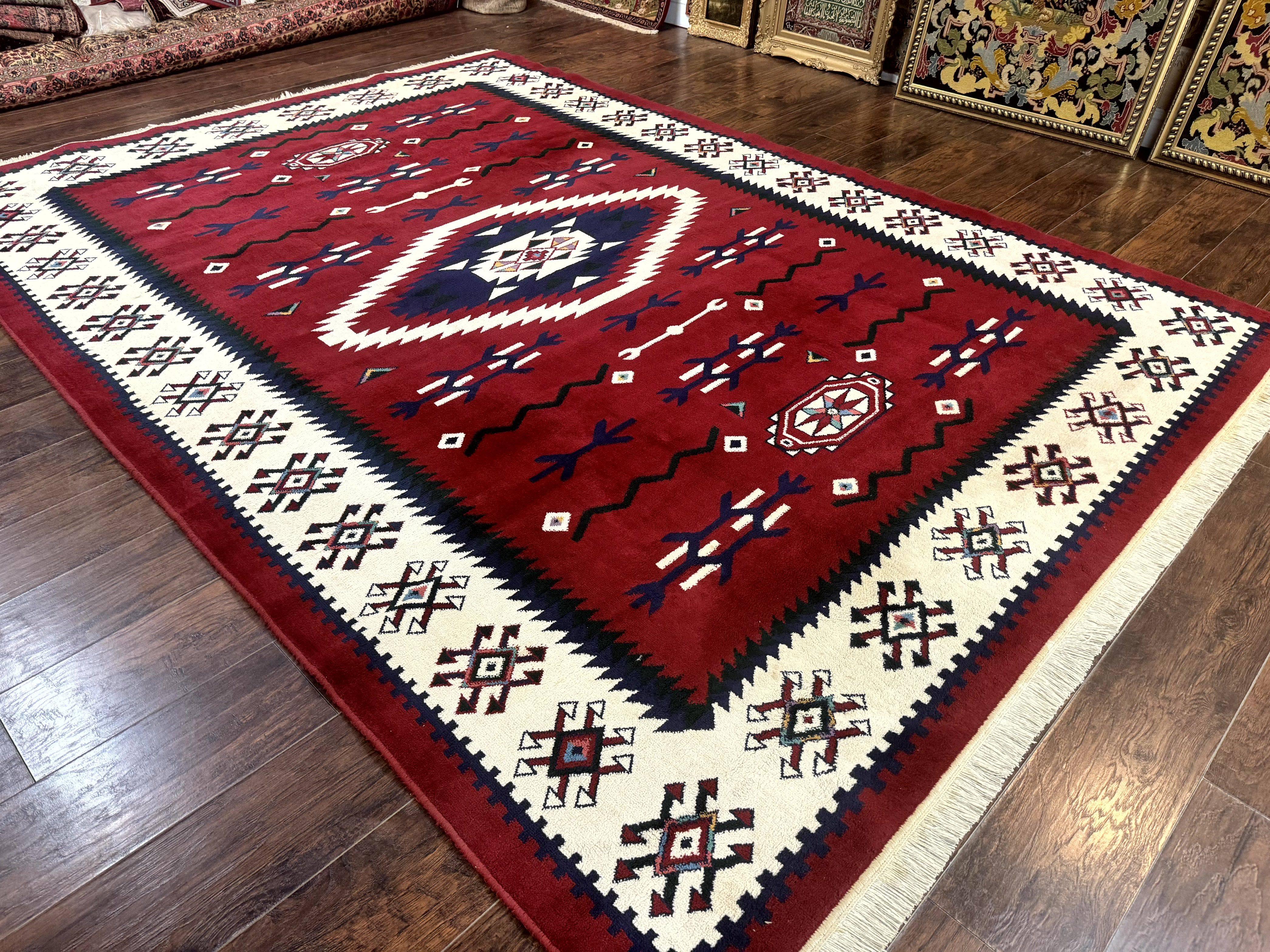 Belgium Power Loomed Rug 8x11, Navajo Native American Design, Dark Red and Ivory, Tribal Rug, Bohemian Carpet - Jewel Rugs