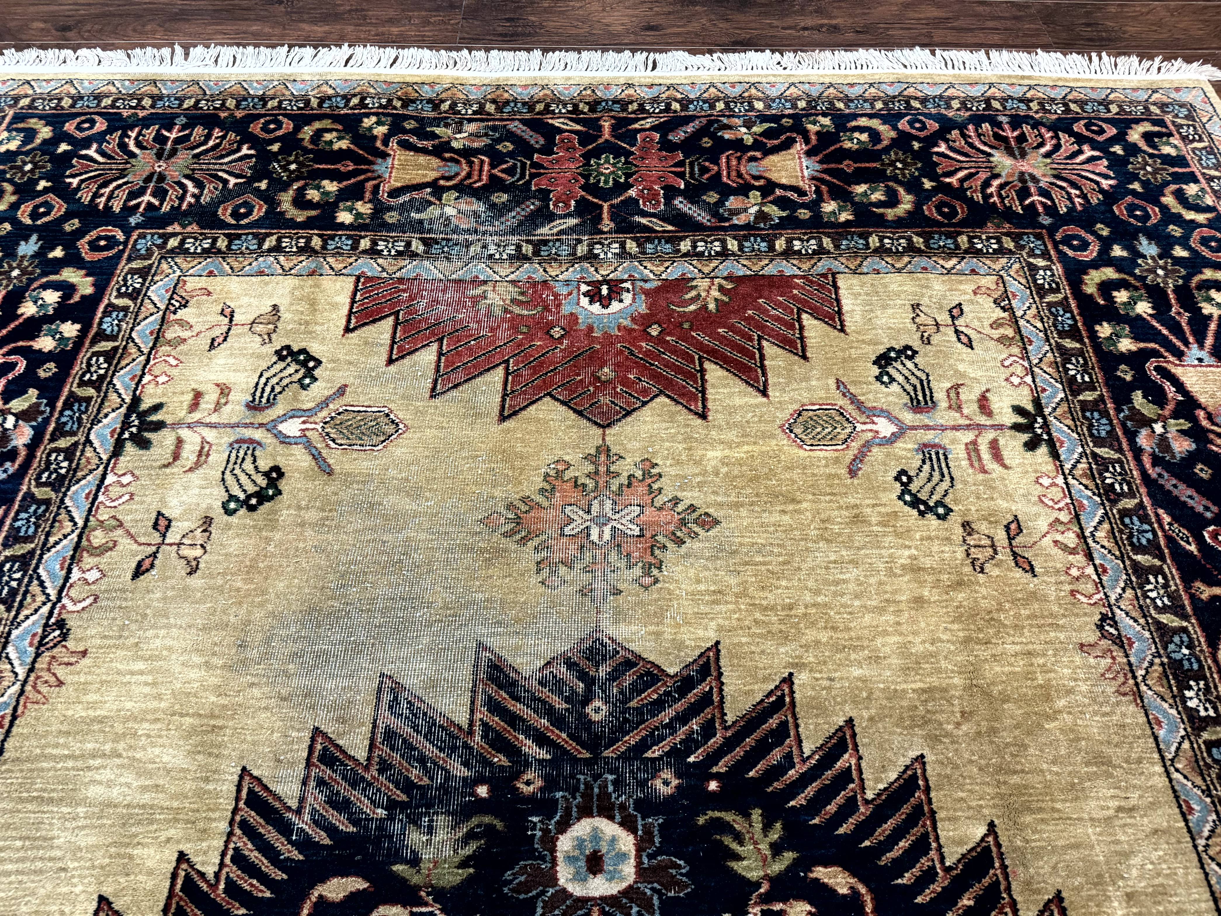 Indo Persian Heriz Rug 8x12, Camel Hair Tan and Navy Blue, Decorative - Jewel Rugs