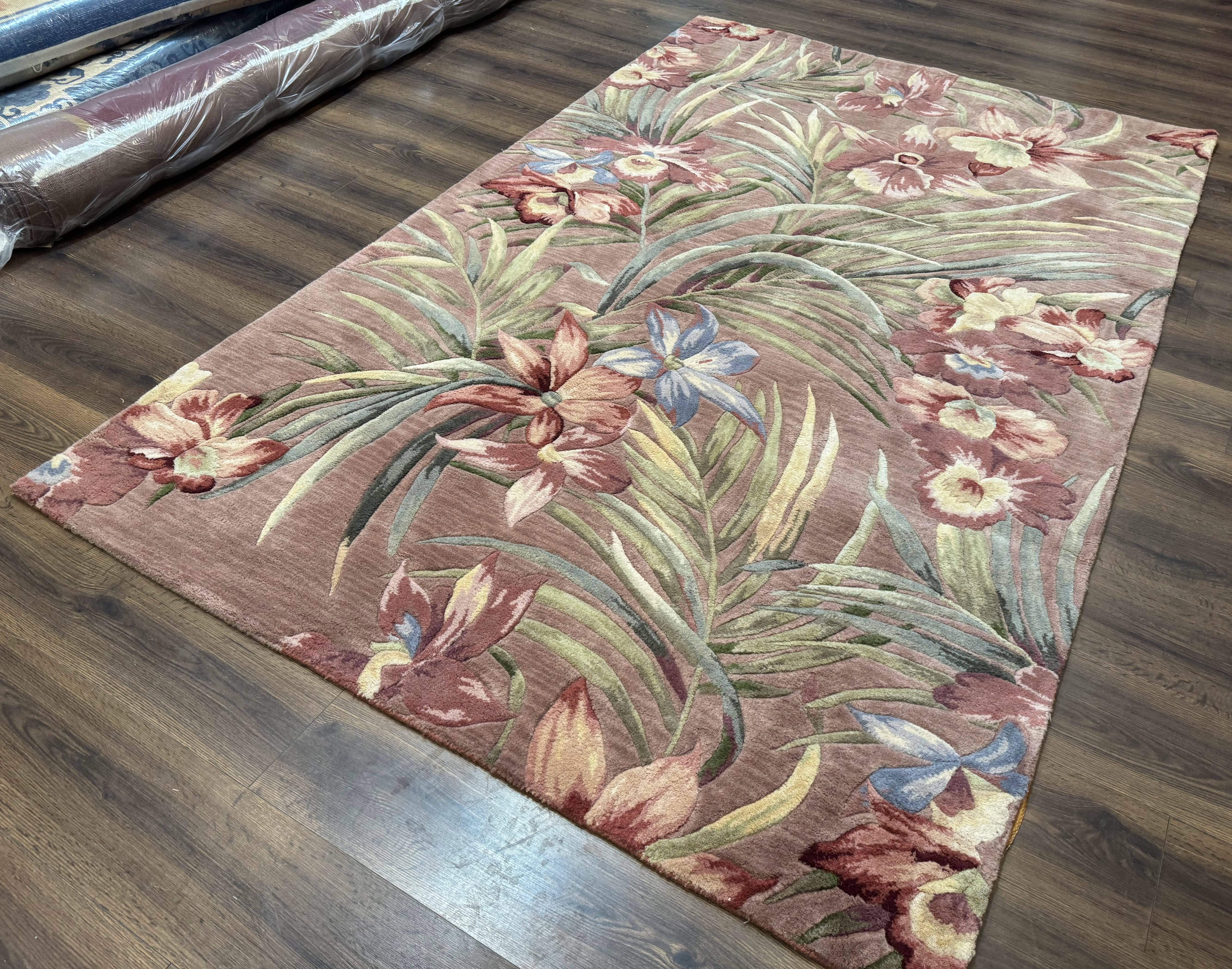Hand Tufted Floral Rug 5x8, Light Rose Wool Carpet - Jewel Rugs
