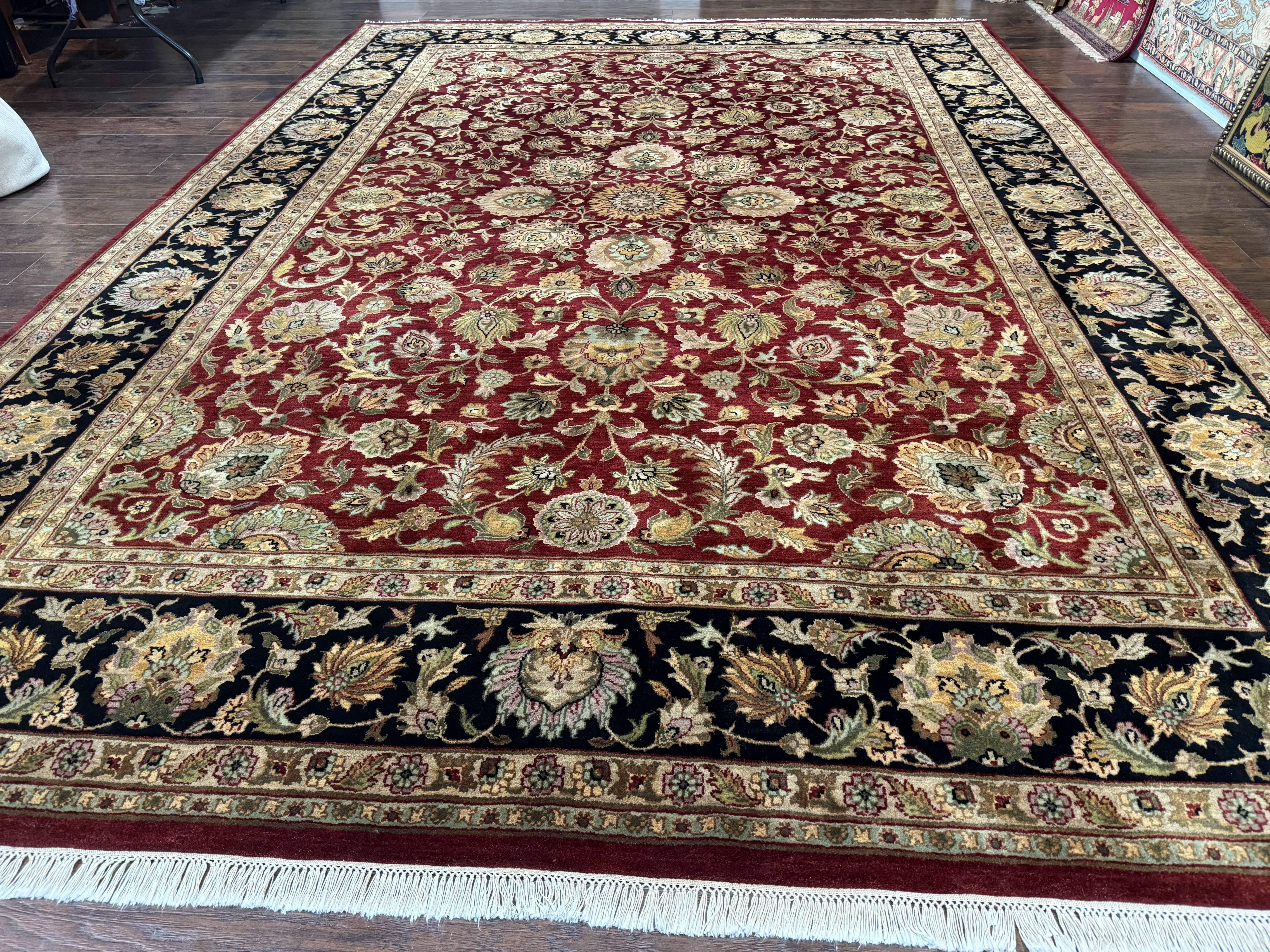 Indian Agra Rug 10x14, Traditional Oriental Carpet, Room Sized Wool Area Rug, Floral, Maroon - Jewel Rugs