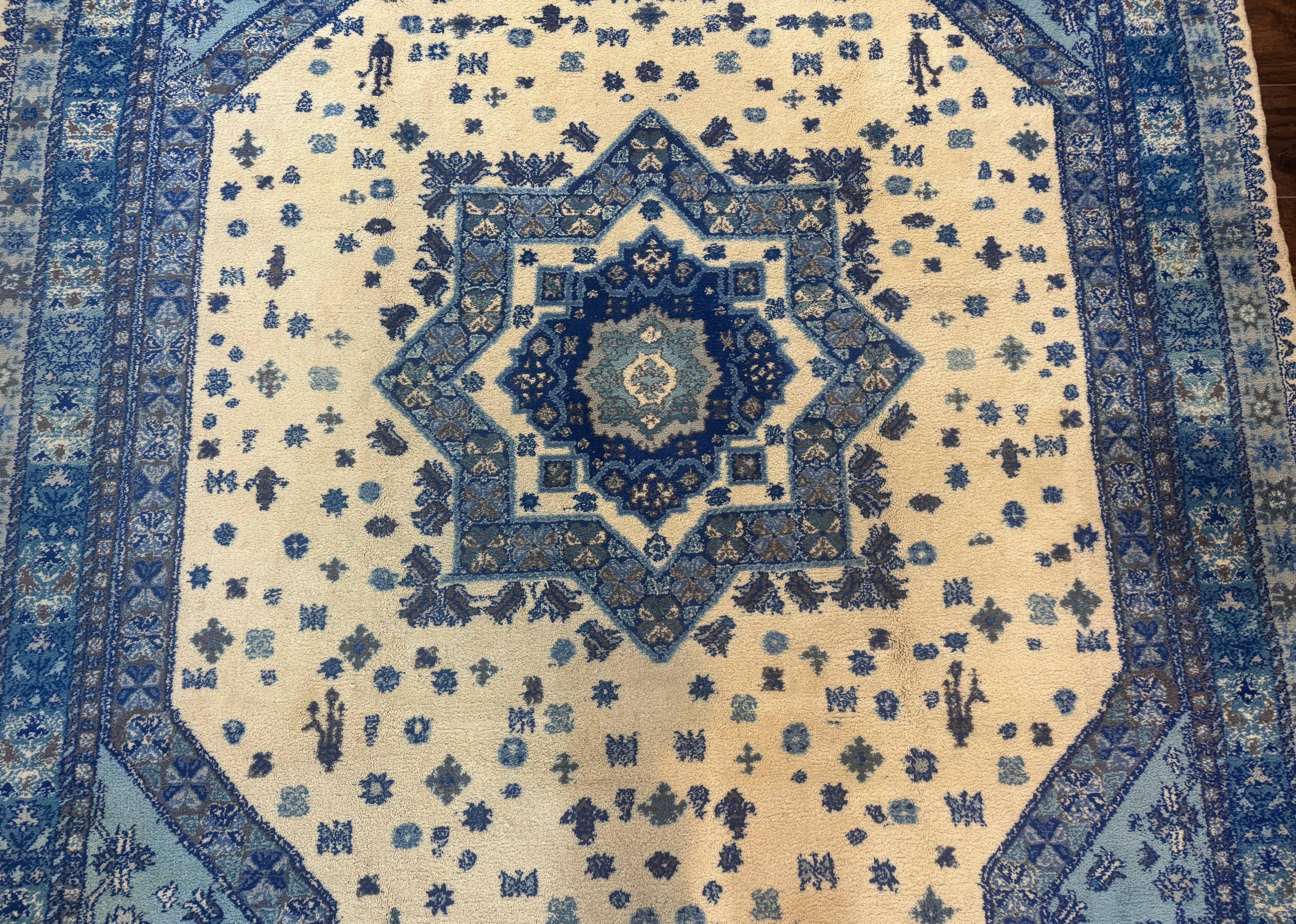 Moroccan Rug 7x10, Geometric Medallion, Blue and Ivory - Jewel Rugs