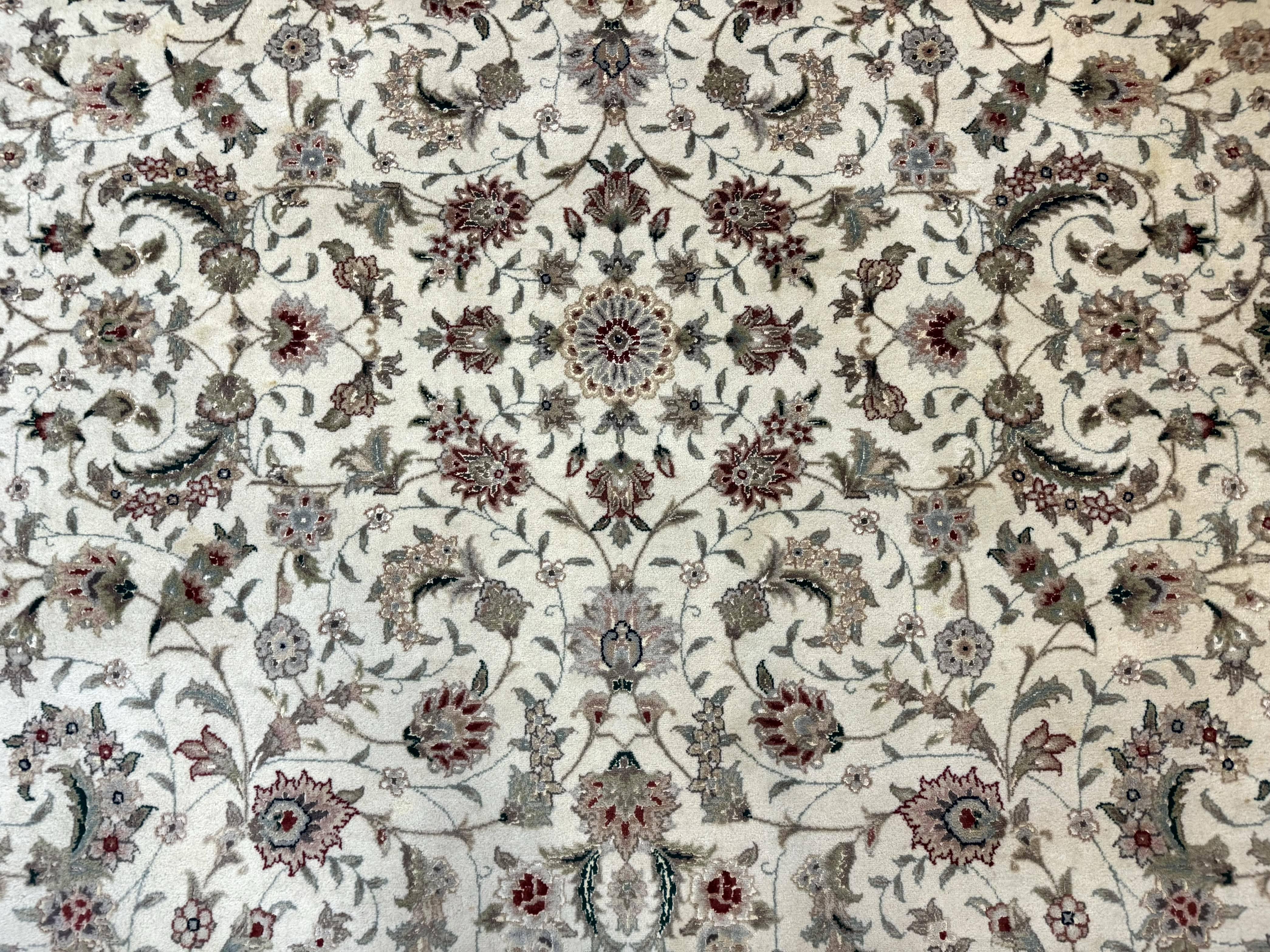 Sino Persian Rug 8x10, Beige and Burgundy, Floral Allover, Wool & Silk, Vintage - Jewel Rugs