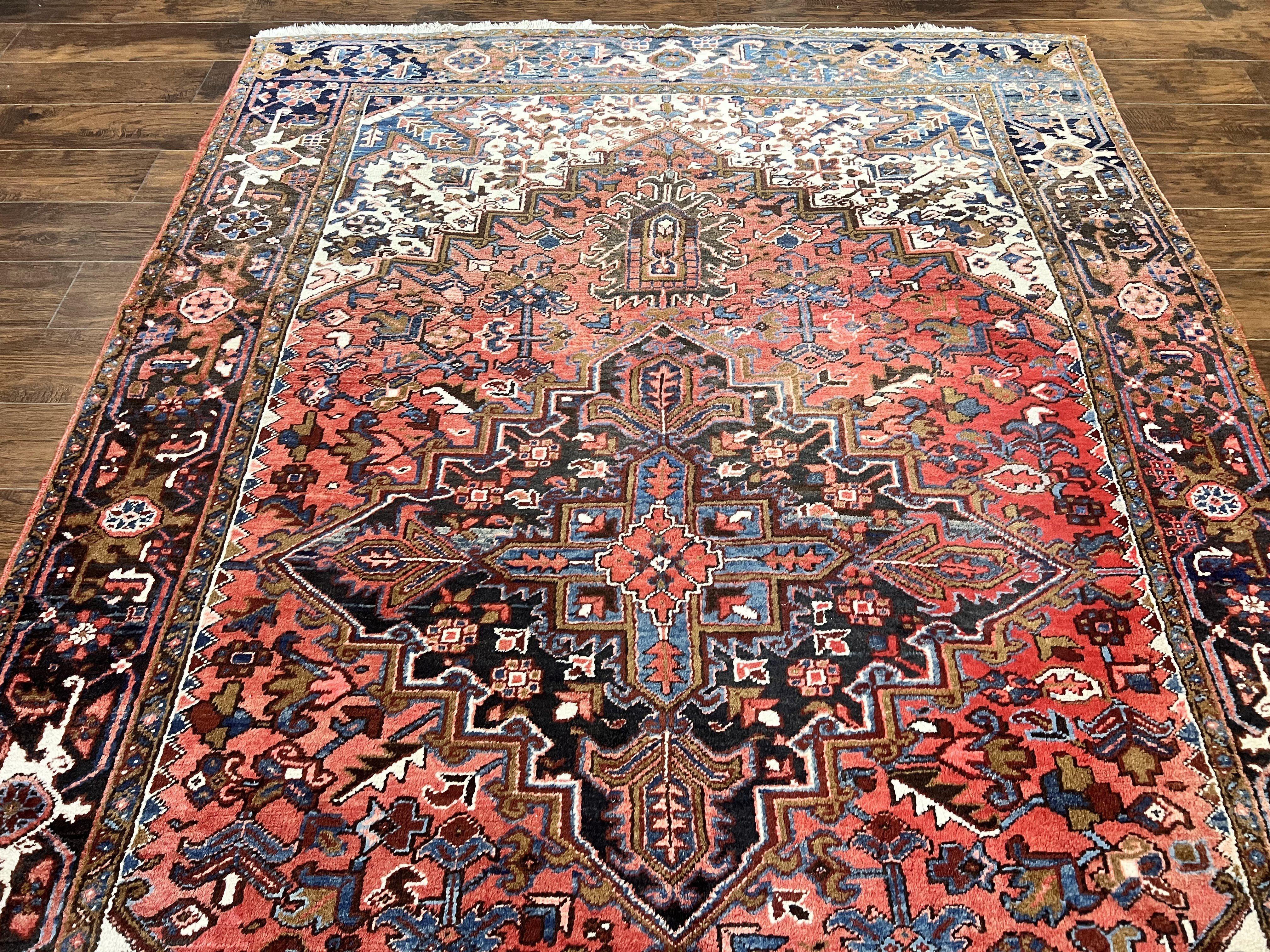 Persian Heriz Rug 7x10, Wool Hand Knotted Vintage Geometric Carpet, Red and Ivory, 7 x 10 Oriental Rug - Jewel Rugs