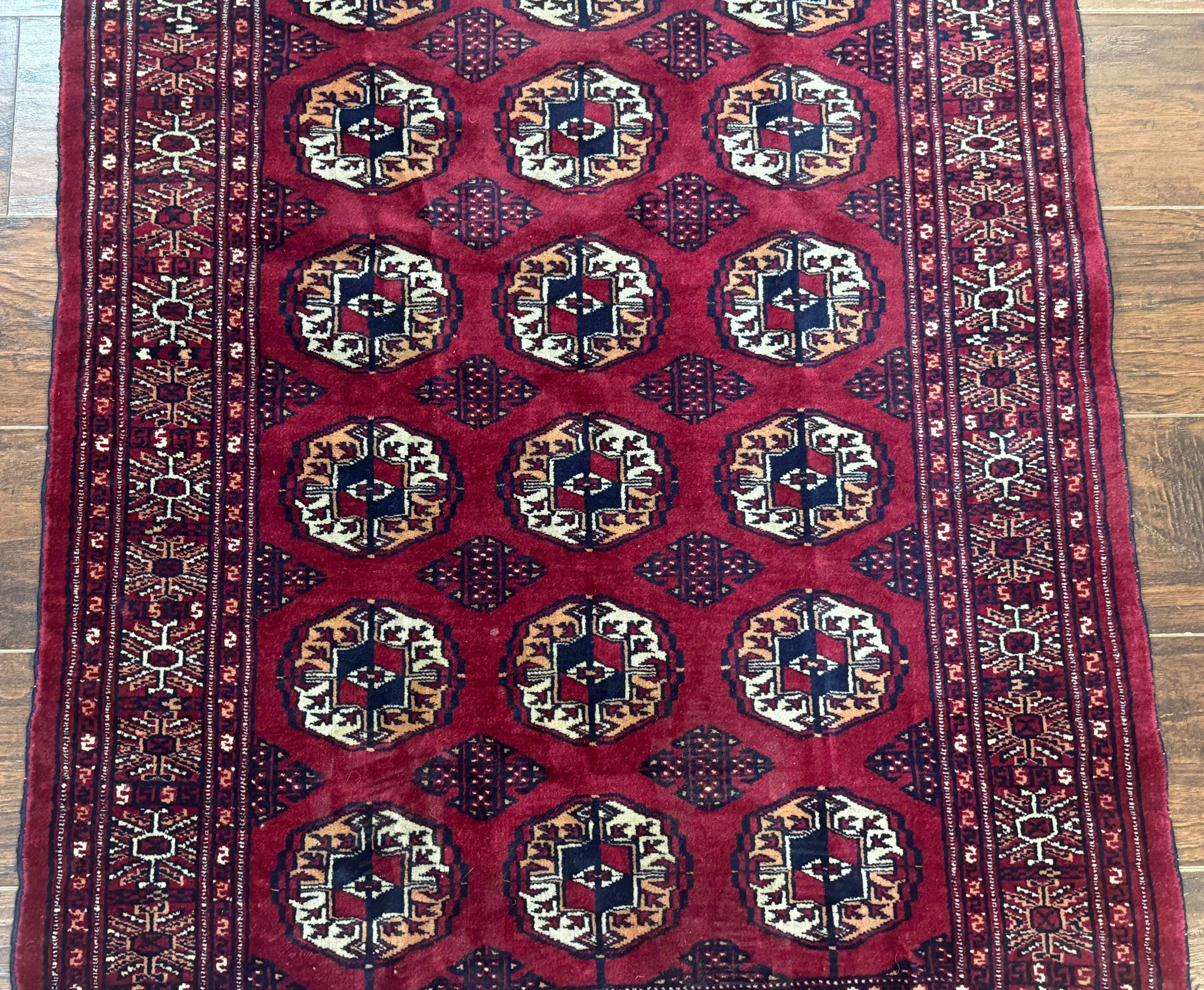 Persian Turkoman Rug 3x4 – Raspberry Red and Ivory, Handmade Wool Vintage Carpet - Jewel Rugs