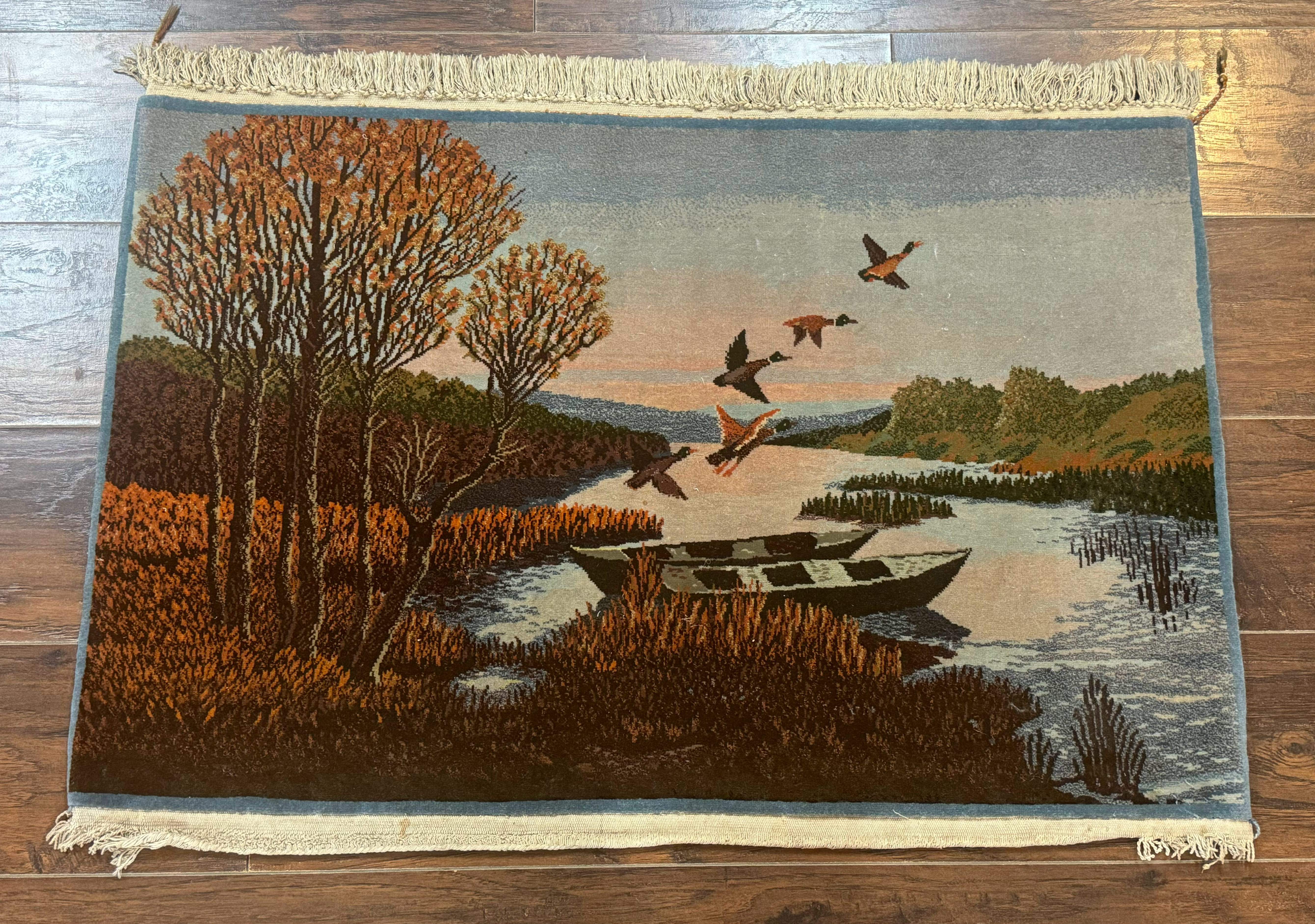 Persian Tabriz Pictorial Rug 3x2, Wall Hanging Rug, Nature Scene, Boats, Fine 330 KPSI, Kork Wool - Jewel Rugs