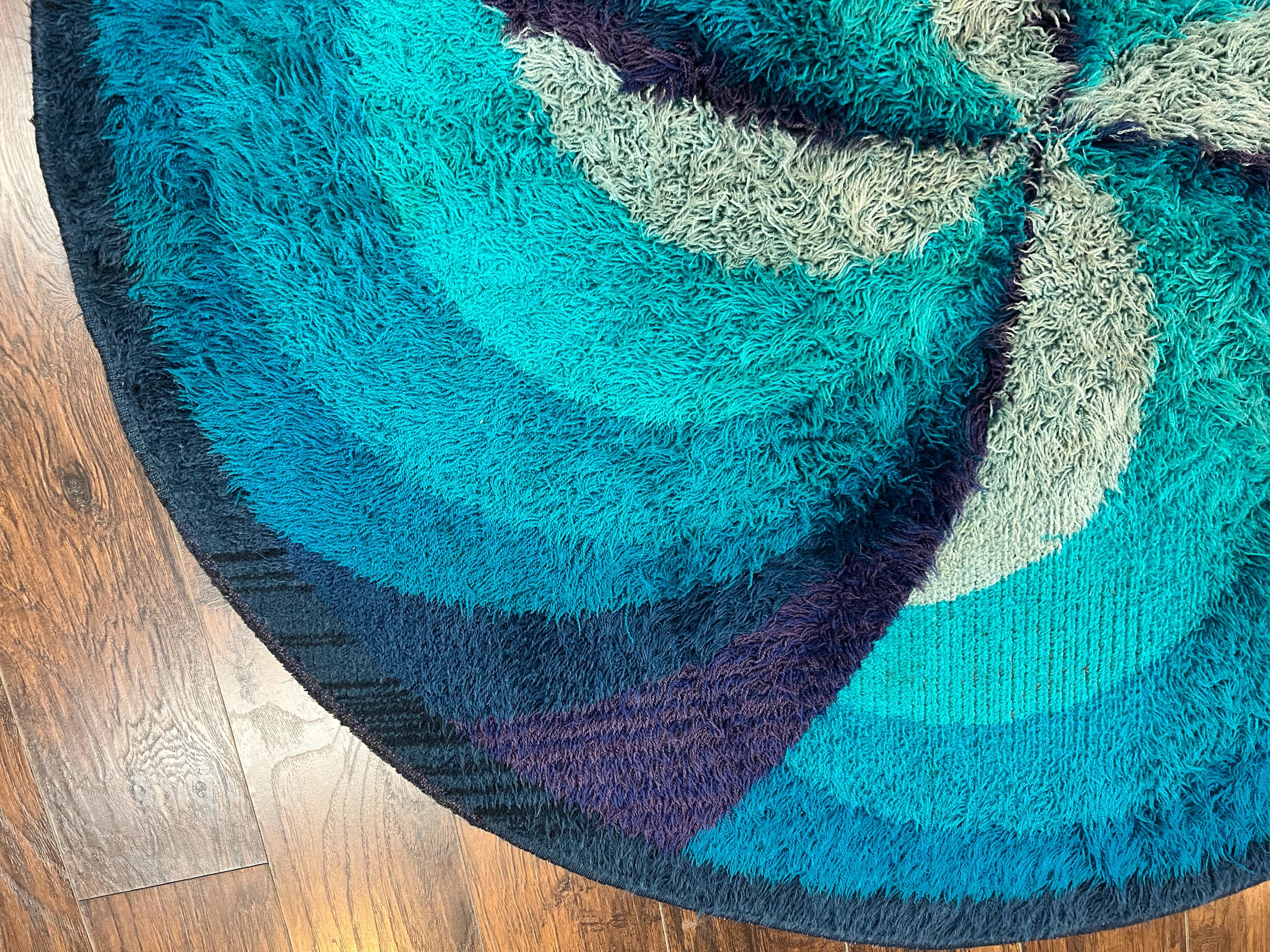 Round Rya Shag Rug 6x6 ft, Round Danish Rug, Shades of Blue, Mid Century 1960s Vintage Retro Area Rug 6ft Round - Jewel Rugs