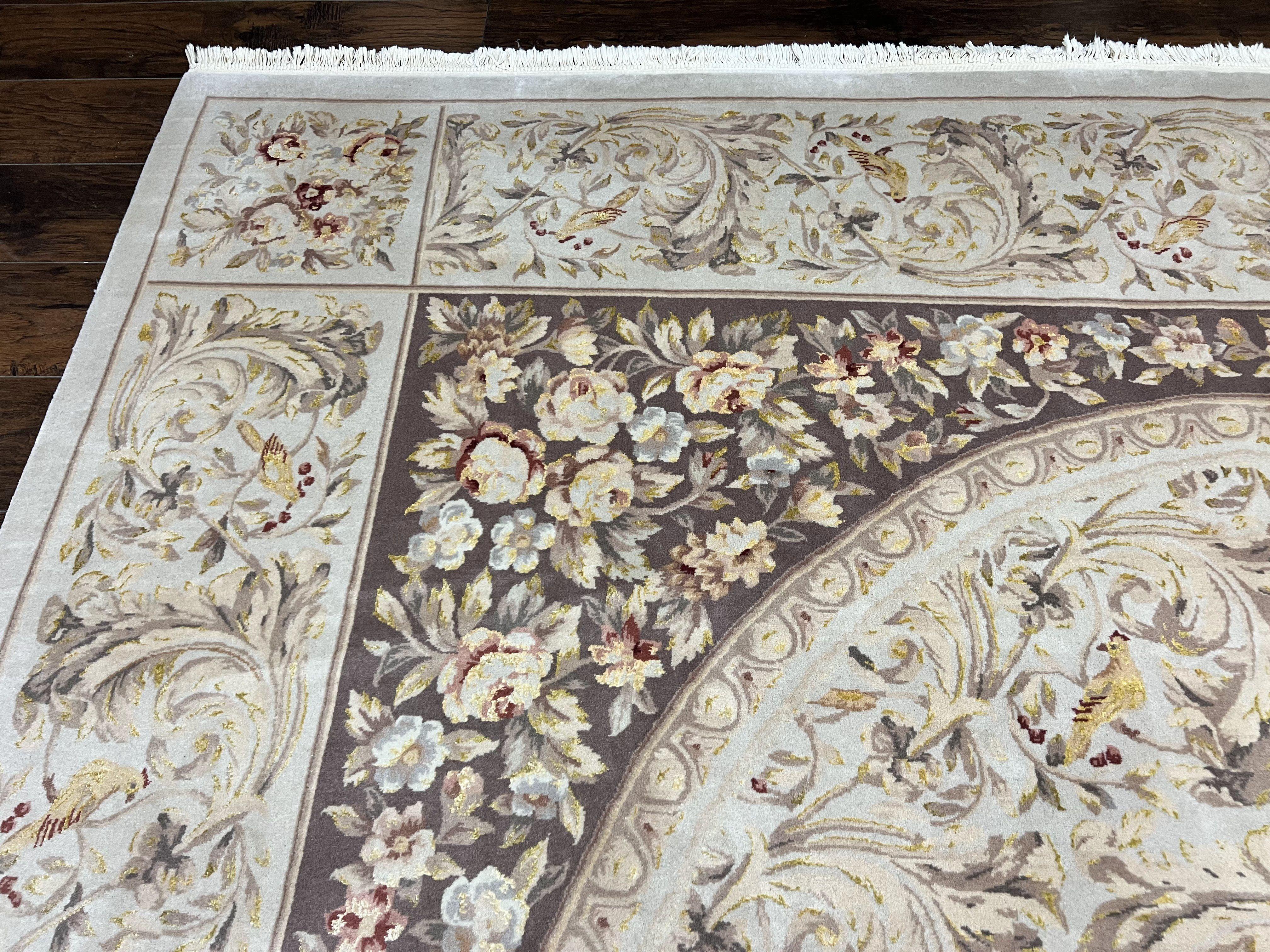 Aubusson Rug 10x14, Wool & Silk Highlights Hand Knotted Vintage Carpet, Birds Flowers, Fine Details, Elegant - Jewel Rugs
