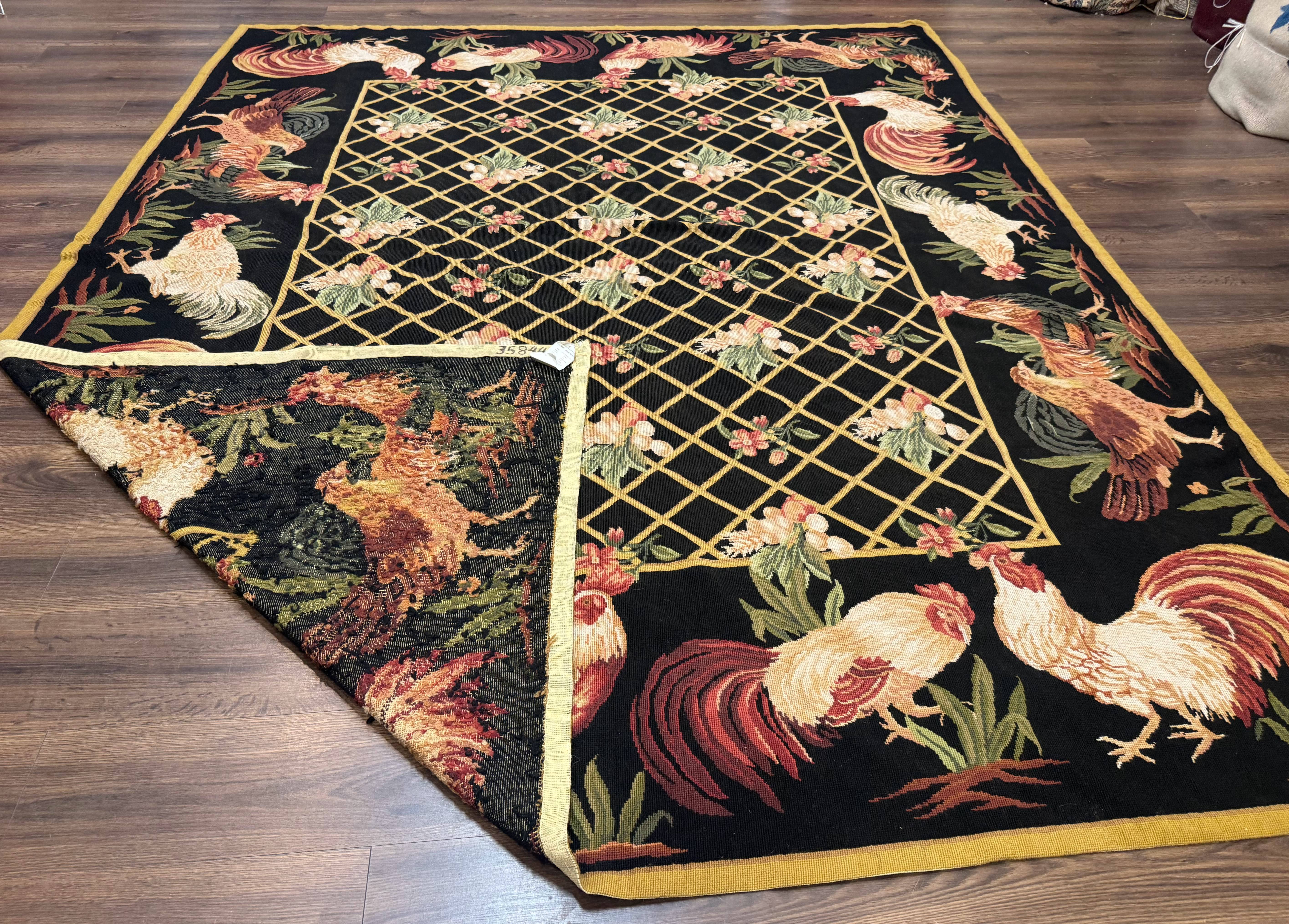 Black Needlepoint Rug 8x10, Roosters Floral Unique Needlepoint Carpet - Jewel Rugs