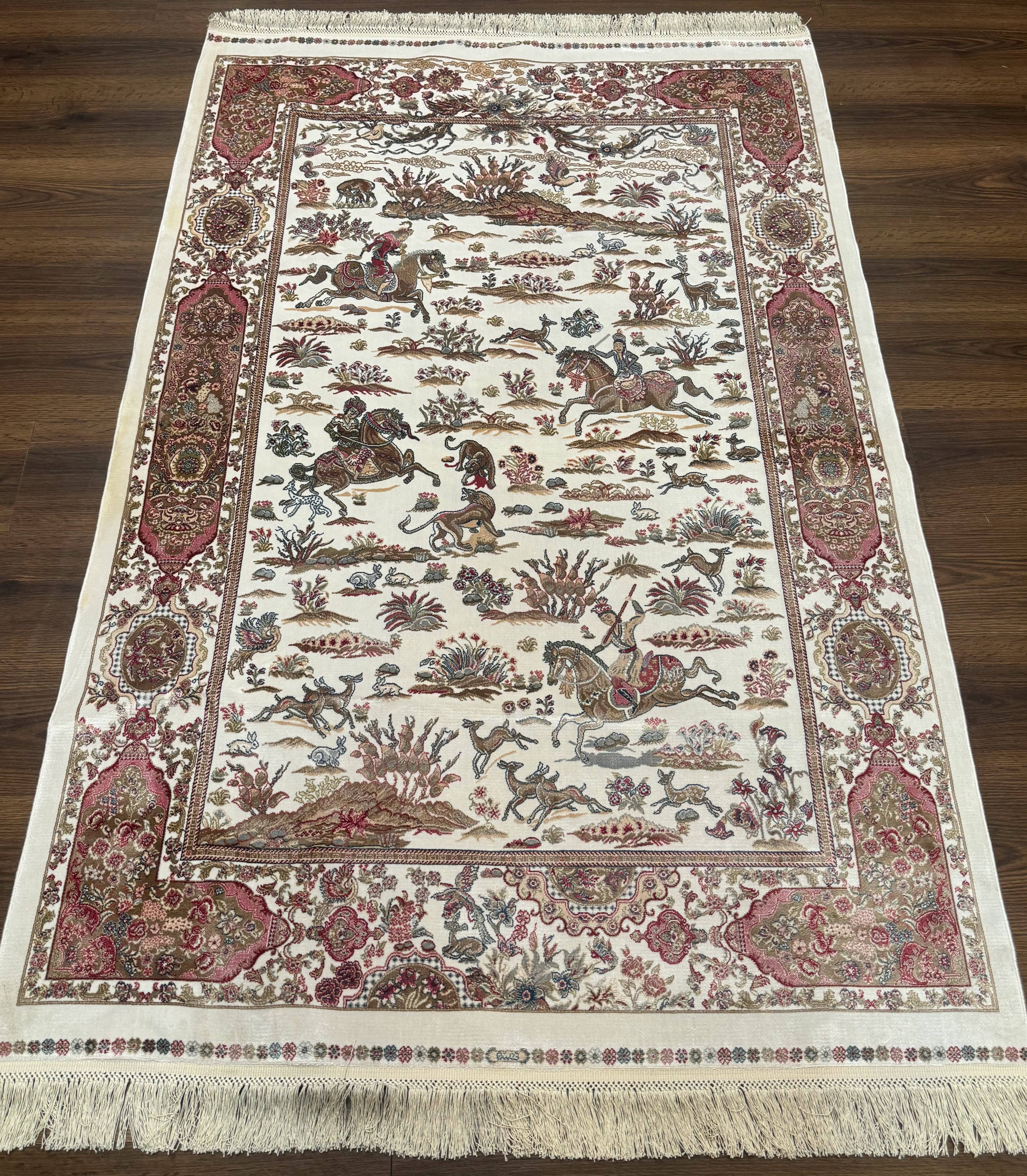 Turkish Silk Hunting Scene Rug 4x6, Ivory, Bamboo Silk, New - Jewel Rugs