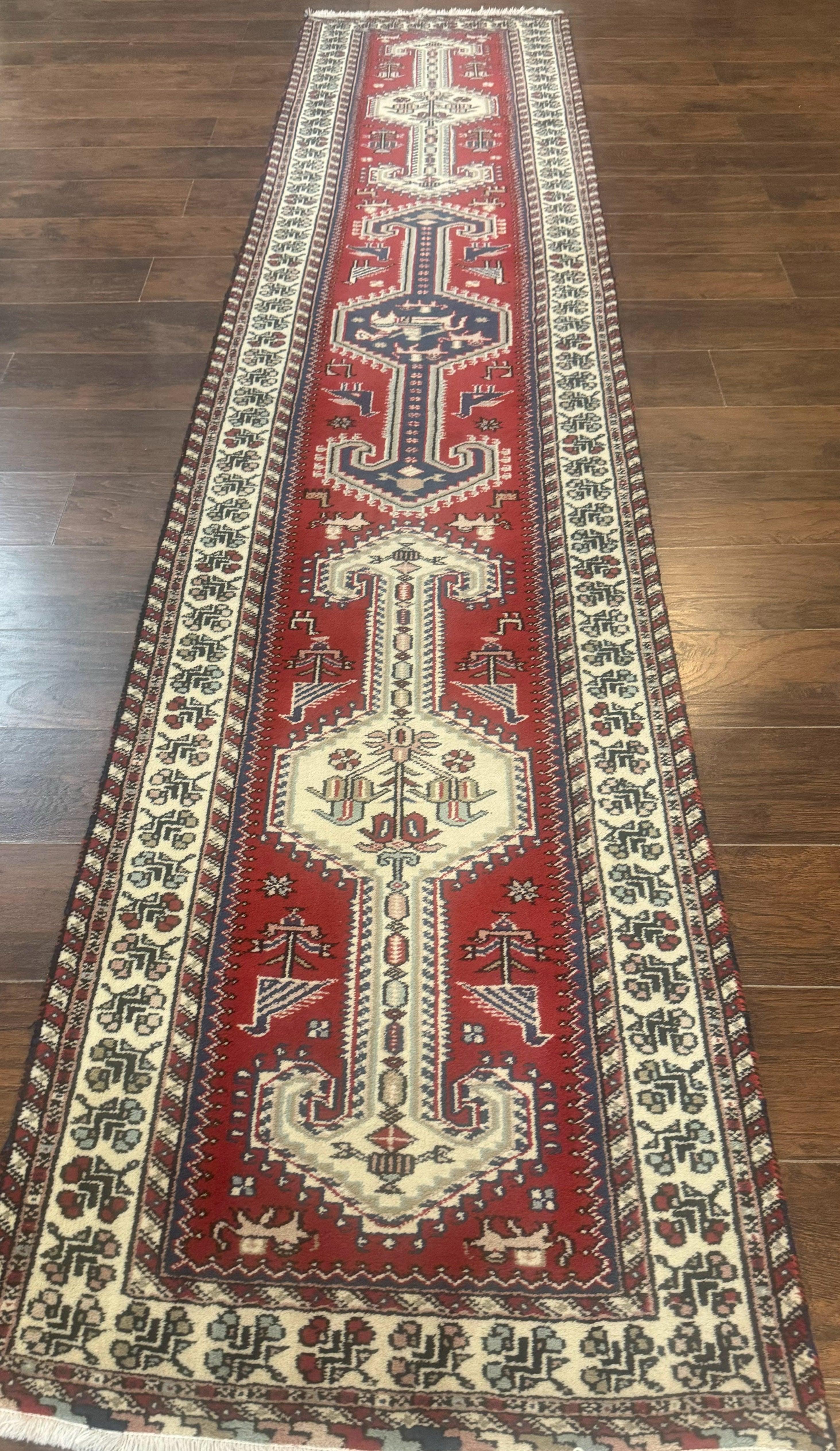 Indo Persian Runner Rug 2.6 x 12, Heriz Geometric Caucasian Design, Animal Pictorials, Tribal Runner Rug, Vintage Handmade Wool Red - Jewel Rugs