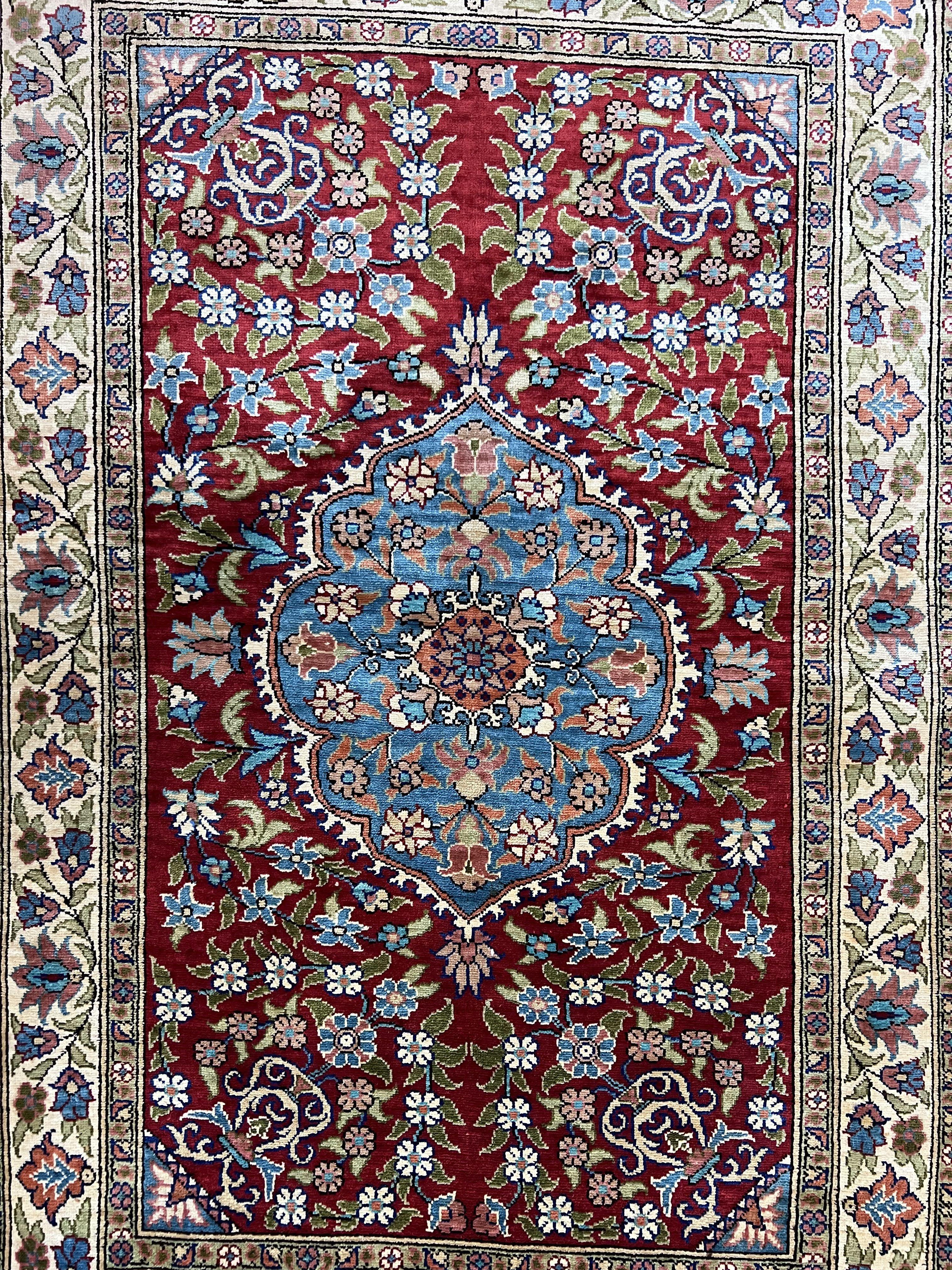 Silk Turkish Kayseri Rug 2x3, Small All Silk Turkish Carpet, Red and Light Blue, Very Fine Hand Knotted Semi Antique Vintage Handmade Rug - Jewel Rugs
