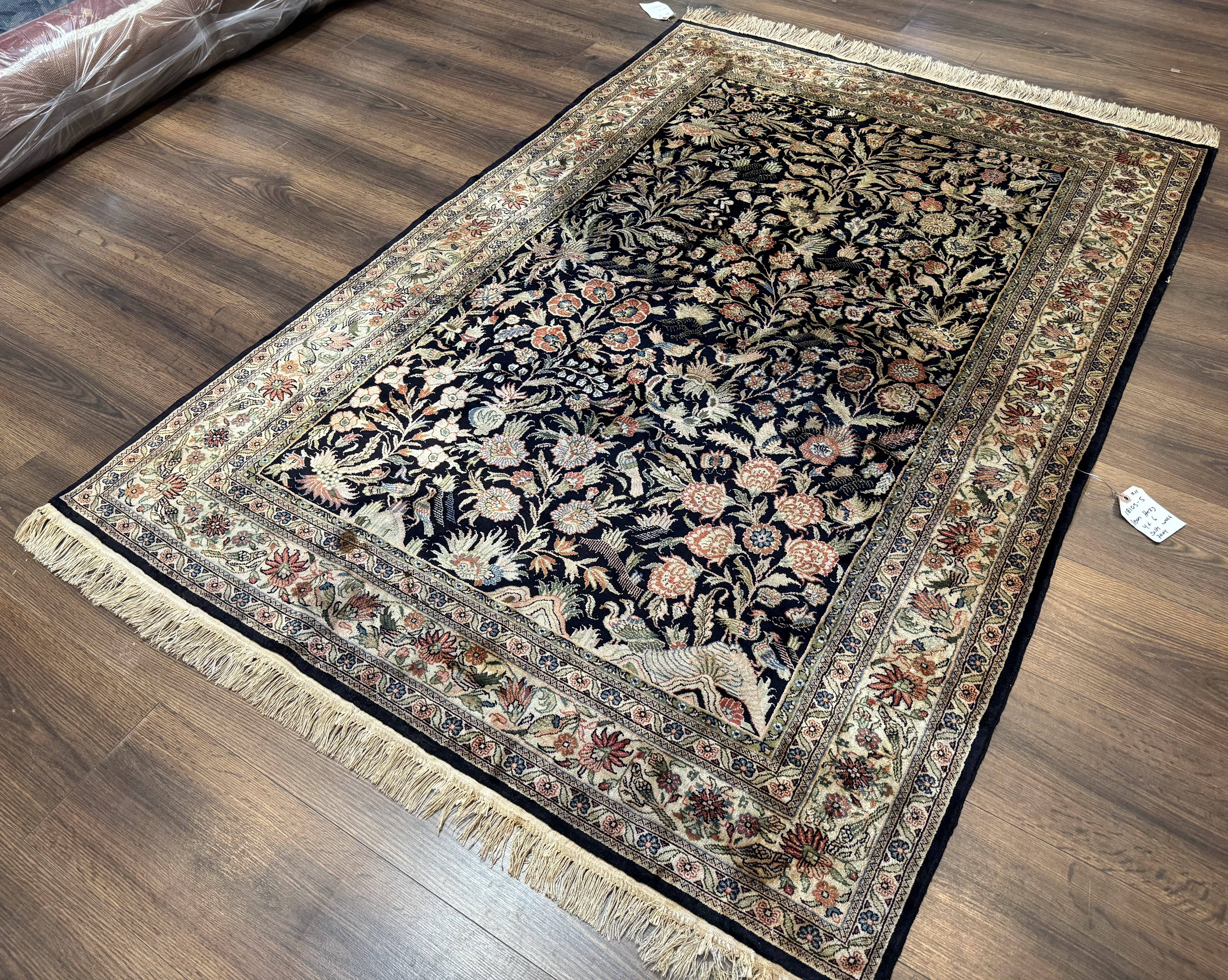 Silk Rug 4x6, Black and Cream, Floral & Bird Pictorials, Fine 330 KPSI, Sino Persian Rug - Jewel Rugs