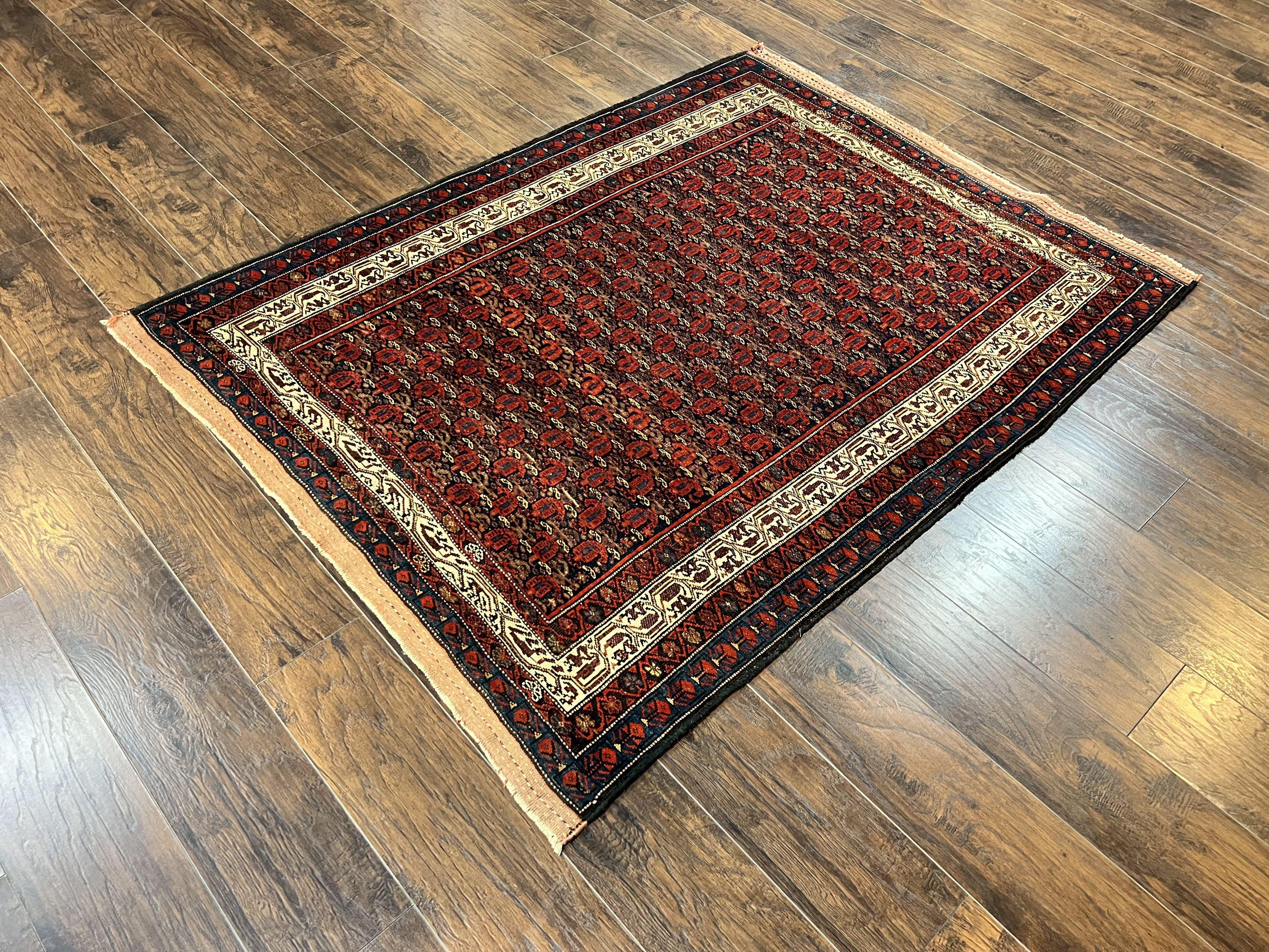 Persian Kurdish Rug 5x6, Wool Hand Knotted Vintage Carpet, Red Blue Cream, Boteh Paisley Pattern, 5 x 6 Medium Sized Oriental Rug - Jewel Rugs