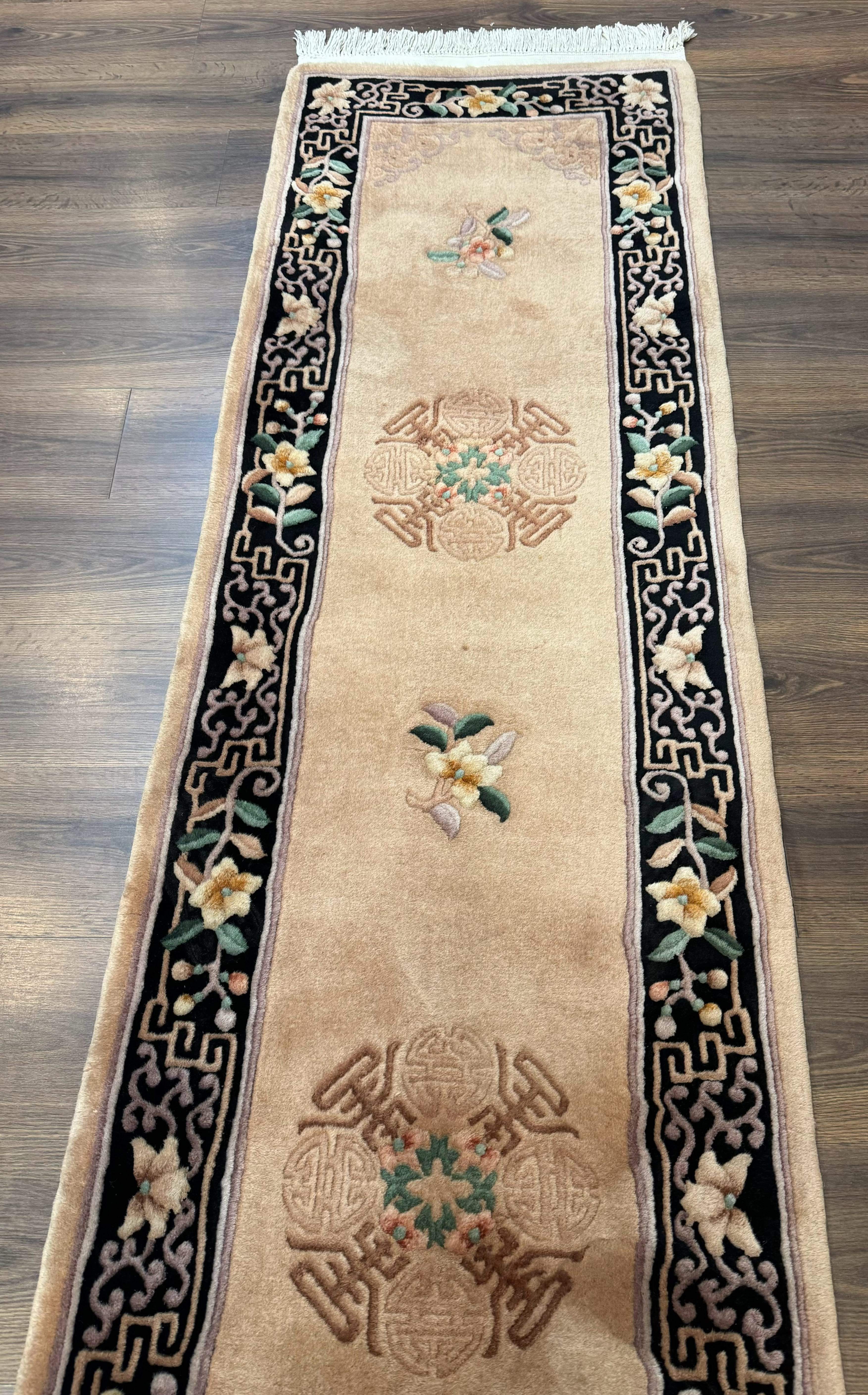 Chinese Wool Runner Rug 2 x 11.6, Vintage 90 Line Asian Oriental Carving Sculpted Hallway Rug - Jewel Rugs