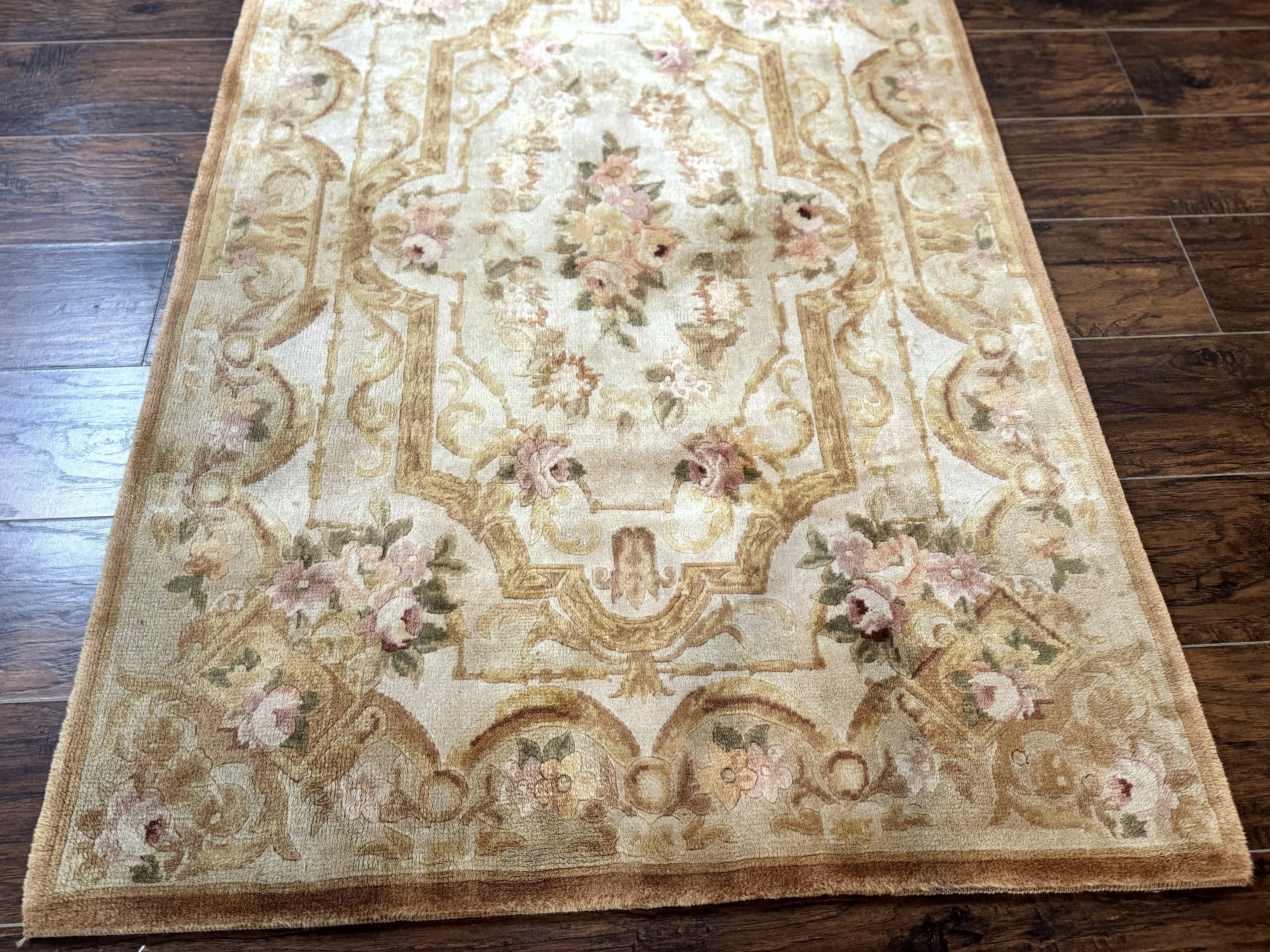 Chinese Aubusson Rug 3.6 x 5, Beige and Gold, Handmade Vintage Elegant European Design Carpet, Plush Wool, Handmade - Jewel Rugs