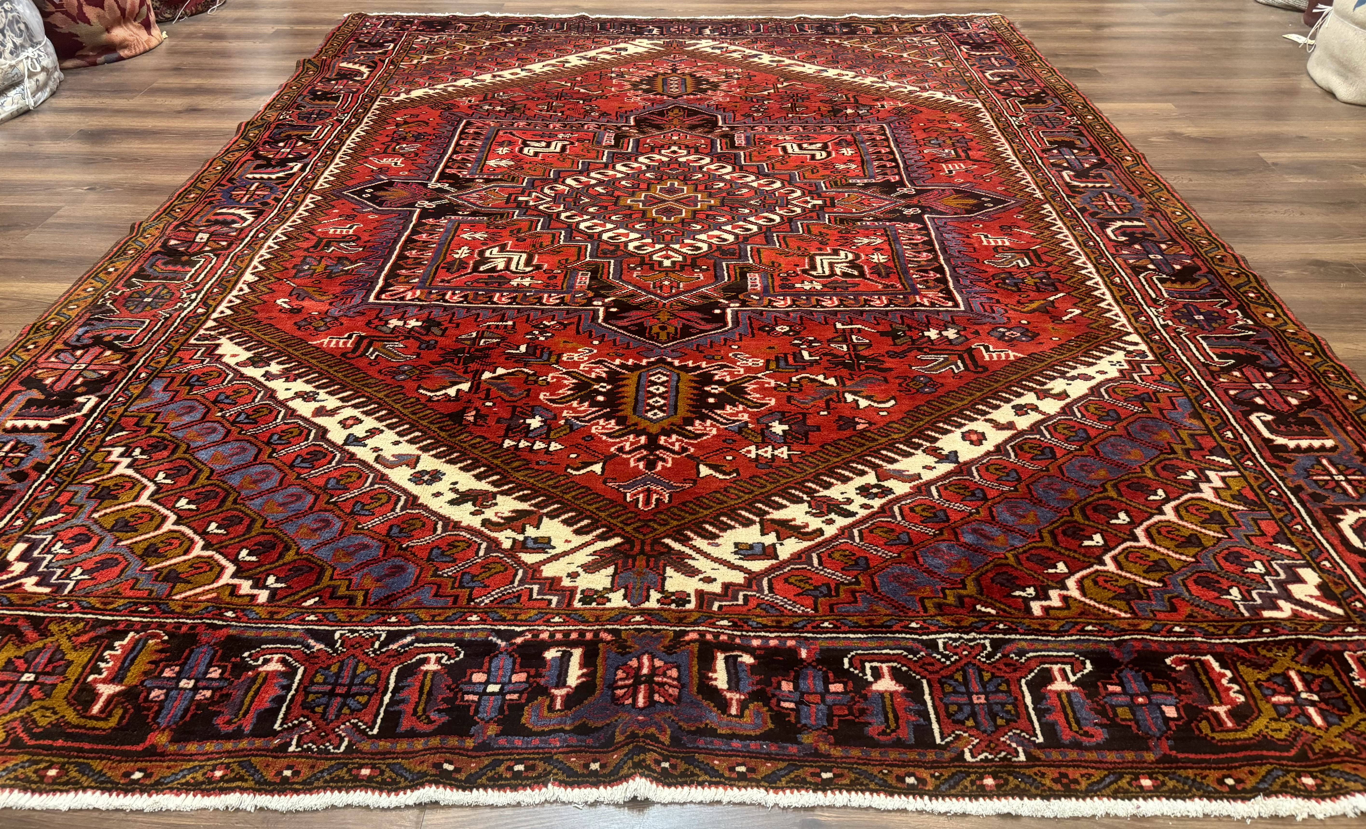 Persian Heriz Rug 8.6 x 11, Geometric Design, Red, Vintage - Jewel Rugs