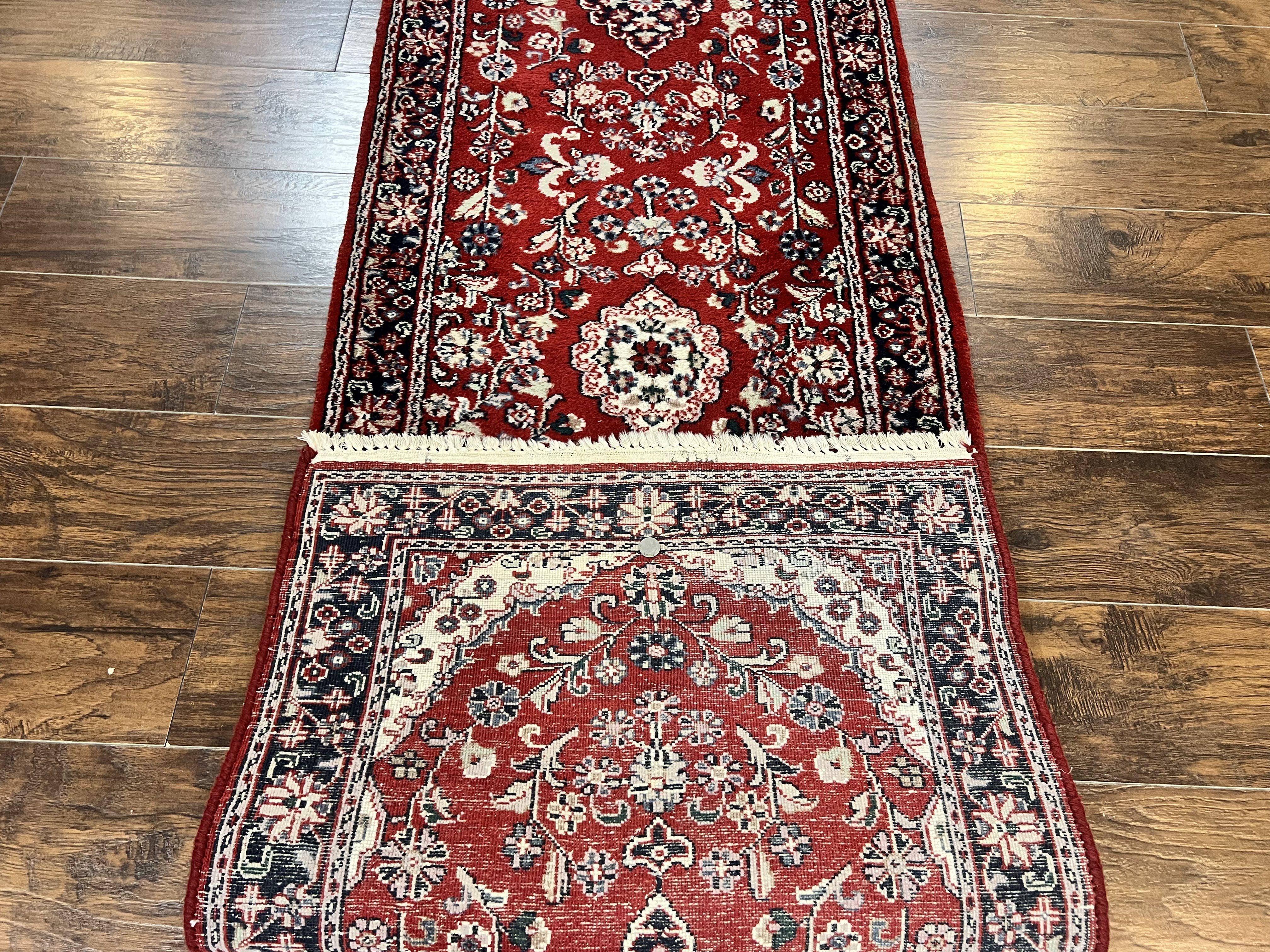 Indo Sarouk Runner Rug 3x8, Wool Hand Knotted Vintage Carpet, Red & Navy Blue Oriental Persian Runner 3 x 8, Floral Hallway Rug - Jewel Rugs