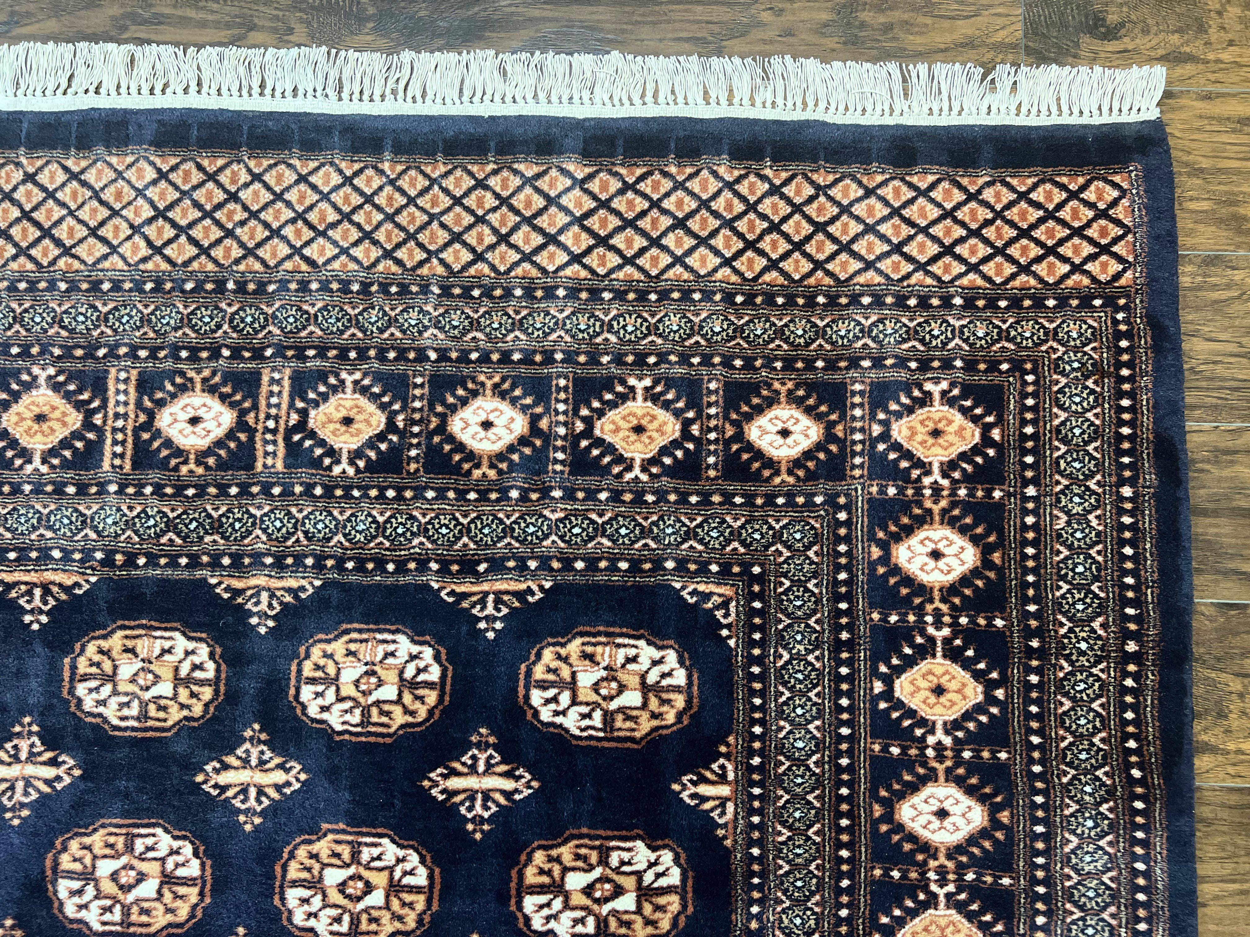 Pakistani Bokhara Rug 8x10, Turkoman Carpet 8 x 10, Dark Blue Ivory Cream Tan, Hand Knotted Vintage Handmade Wool Tribal Rug - Jewel Rugs