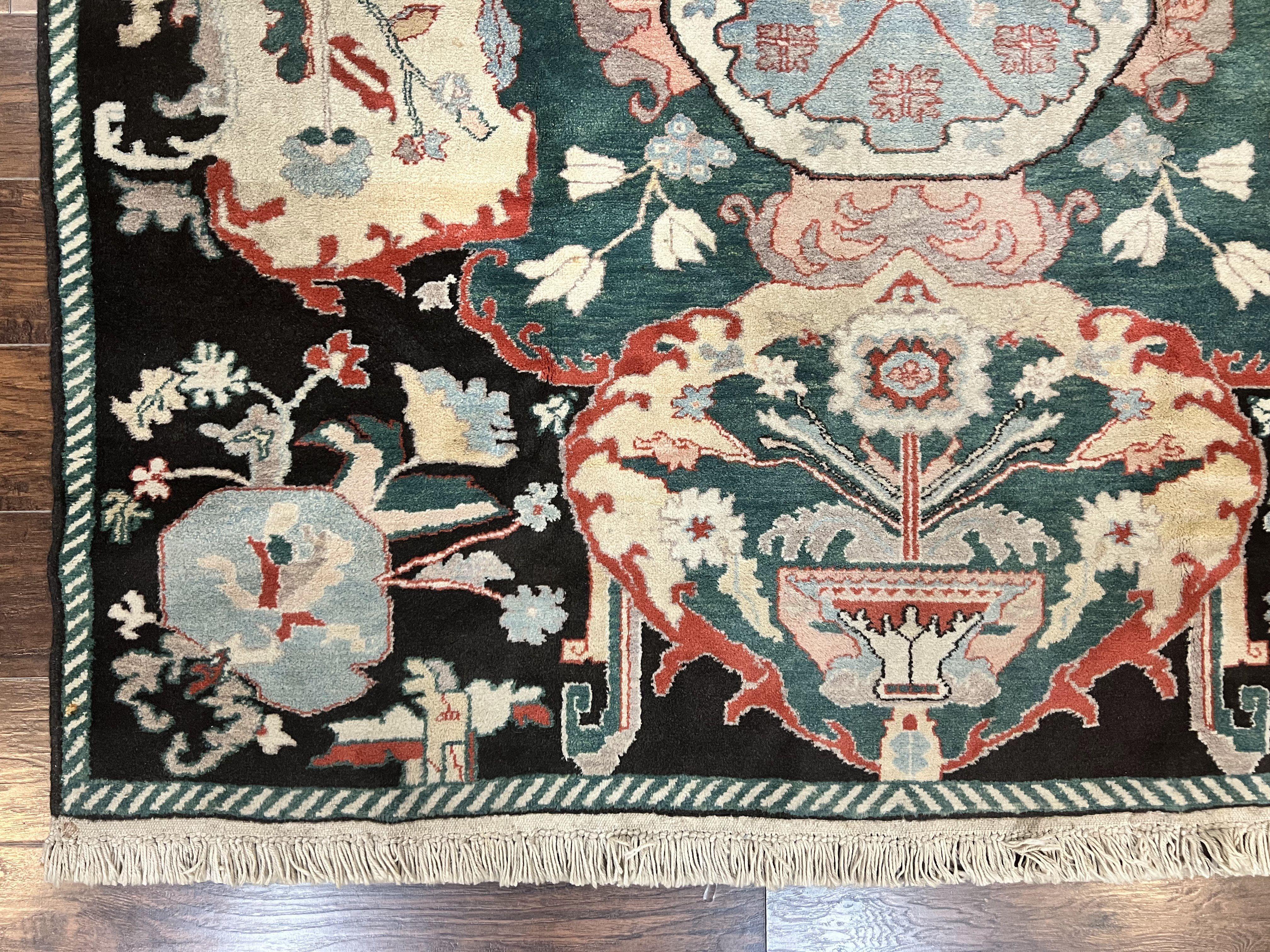 Square Turkish Rug 7x7, Vintage Handmade Wool Carpet, Black Beige Green - Jewel Rugs