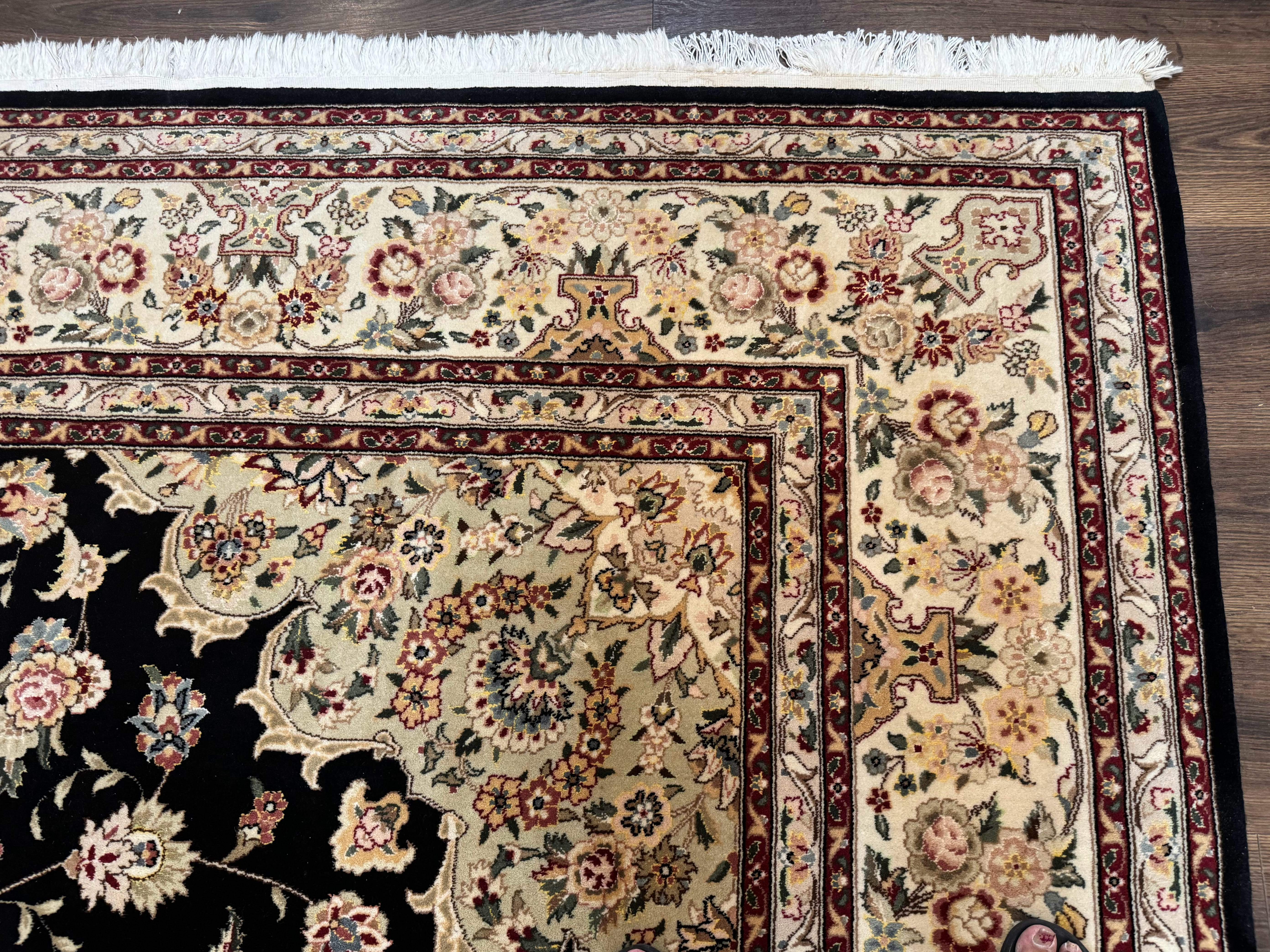 Sino Persian Rug 9x12, Black and Beige, Floral Medallion, Wool & Silk, Handmade - Jewel Rugs