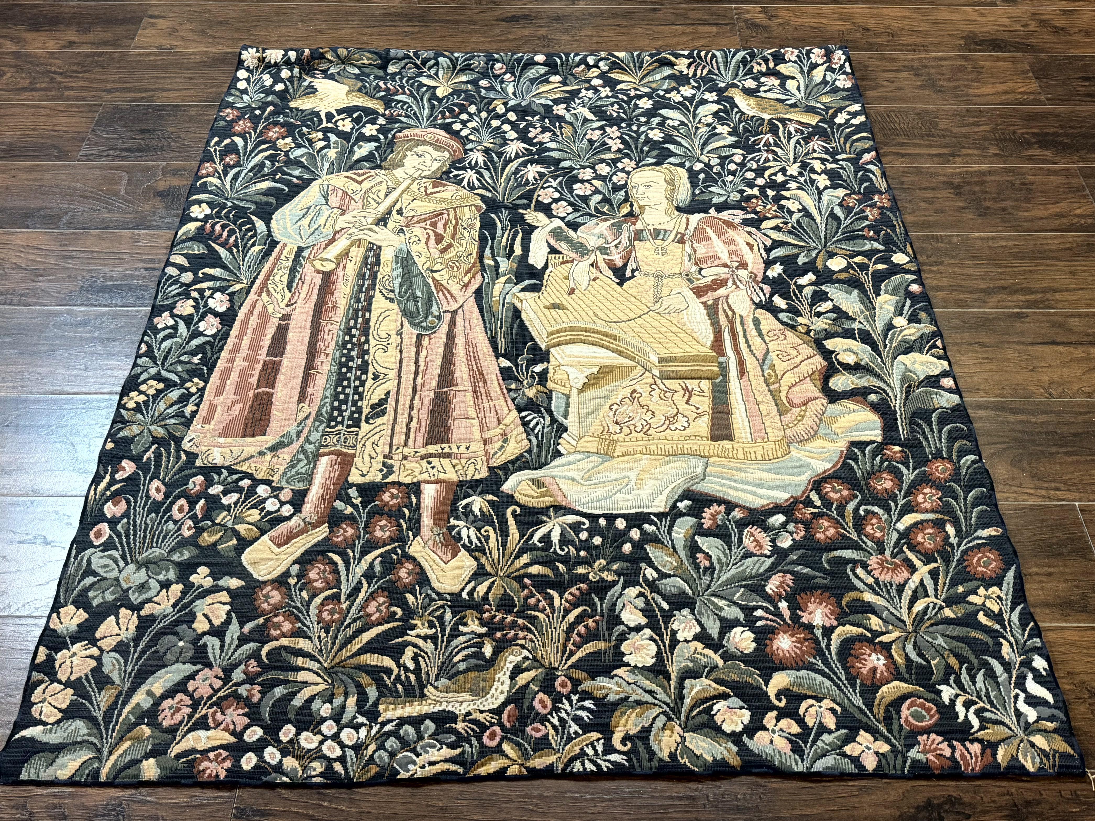 Vintage Belgium Tapestry 4x5, The Concet Musicians, Green - Jewel Rugs