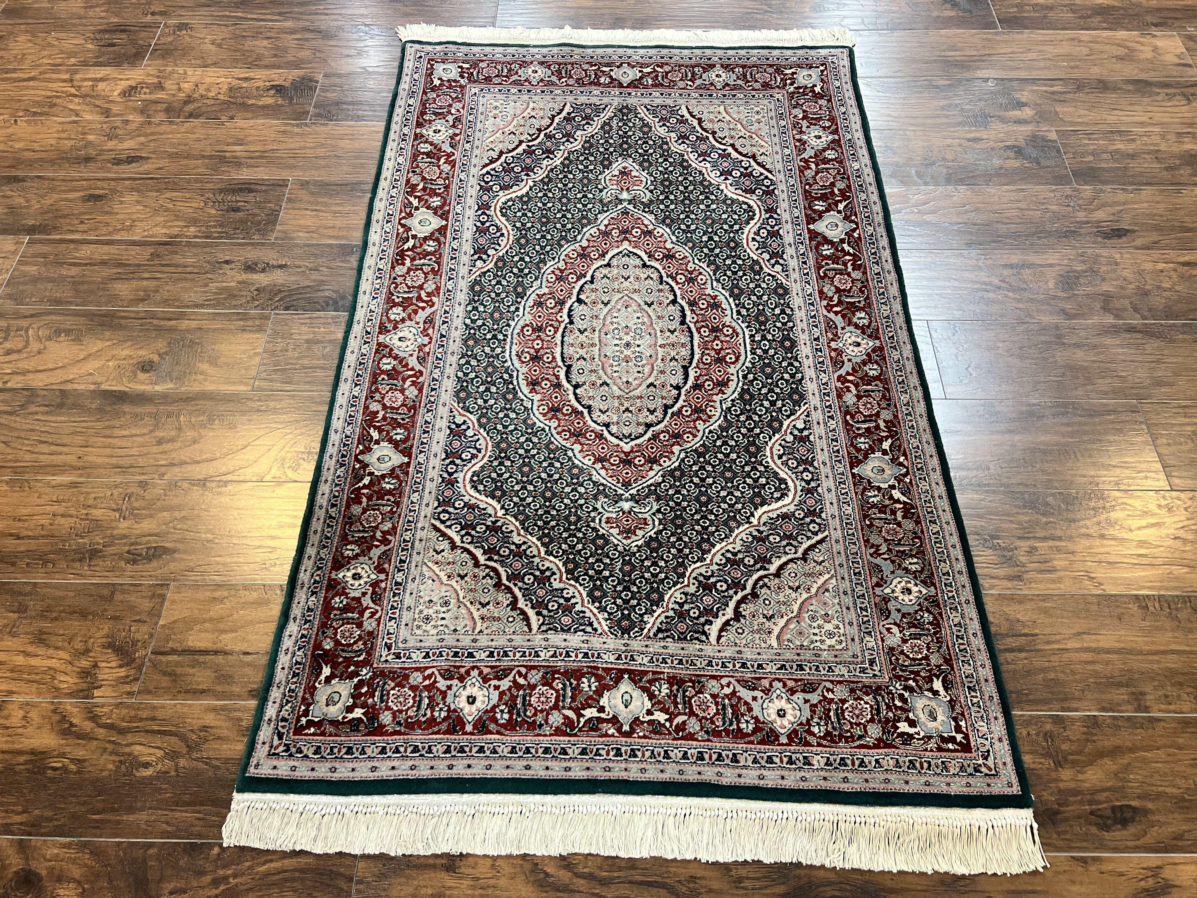 Sino Persian Rug 4x6, Wool with Silk Highlights, Fine Hand Knotted Carpet, Green & Maroon Red, Herati Medallion, Vintage Rug - Jewel Rugs