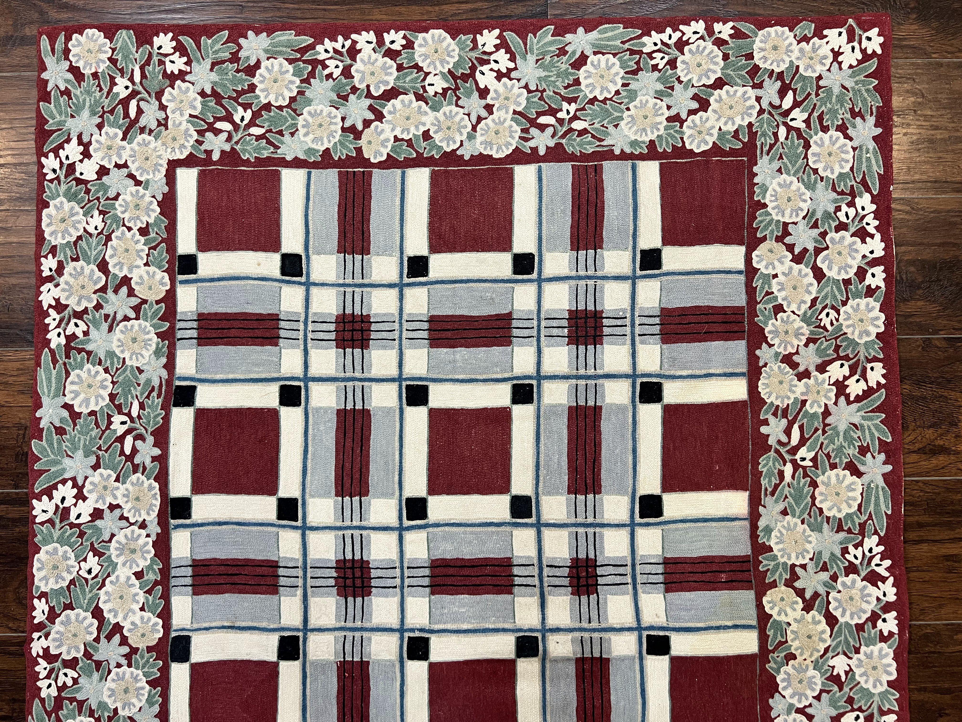 Indian Hand Stitched Rug 4x6, Vintage Carpet, Checkerboard Floral Pattern, Maroon Ivory, Flatweave, Wool - Jewel Rugs